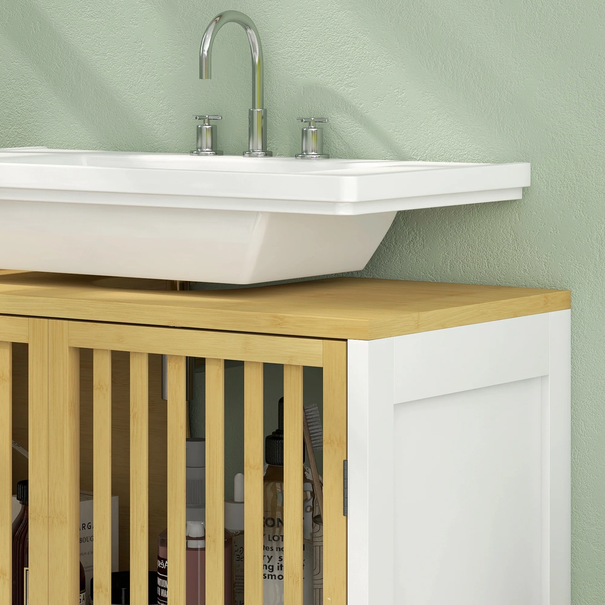 HOMCOM Under Sink Bathroom Cabinet, Bamboo Sink Storage Cabinet Slat Doors - Image 8