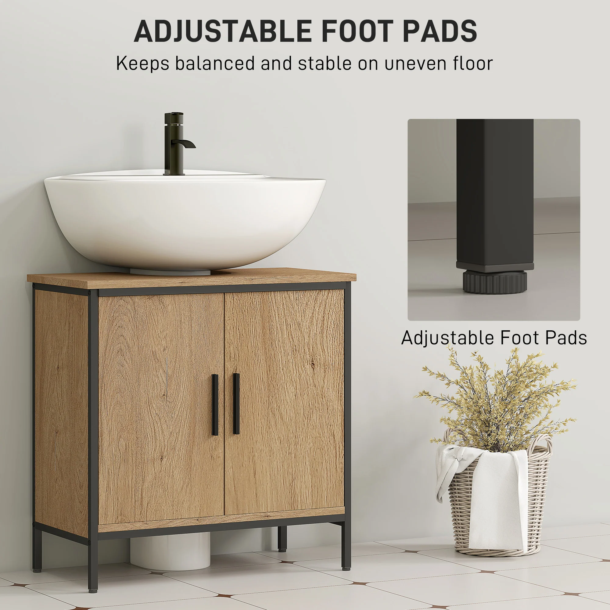HOMCOM Under Sink Cabinet with Doors for Basin without or with Pedestal Oak - Image 6