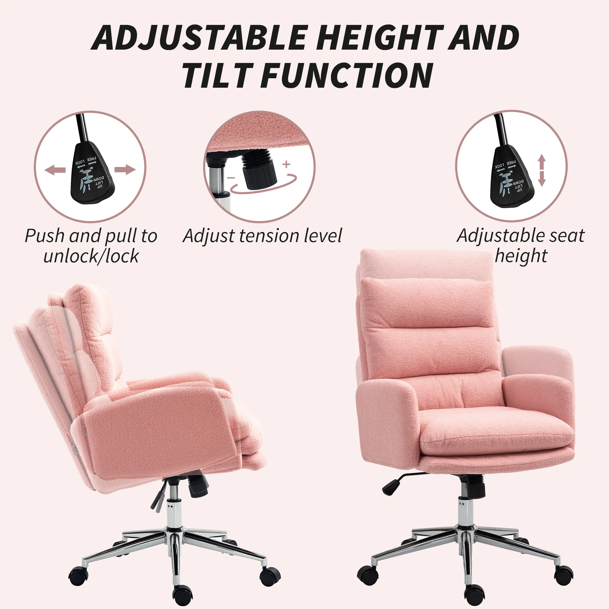 HOMCOM Upholstered Desk Chair with Height Adjustable, Pink - Image 4