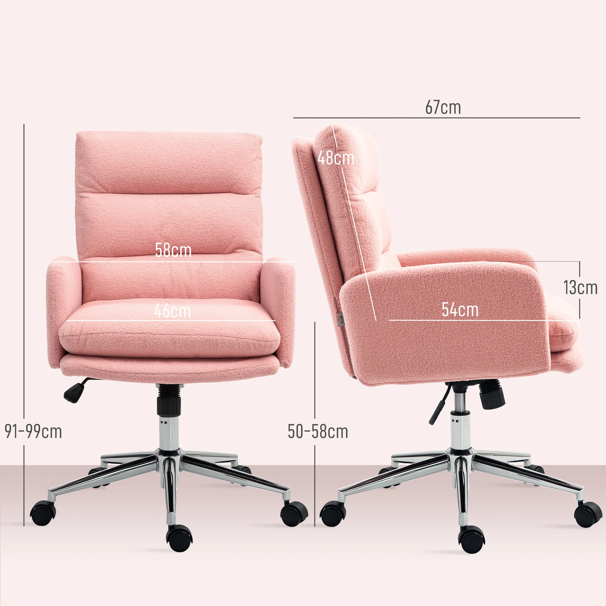 HOMCOM Upholstered Desk Chair with Height Adjustable, Pink - Image 5