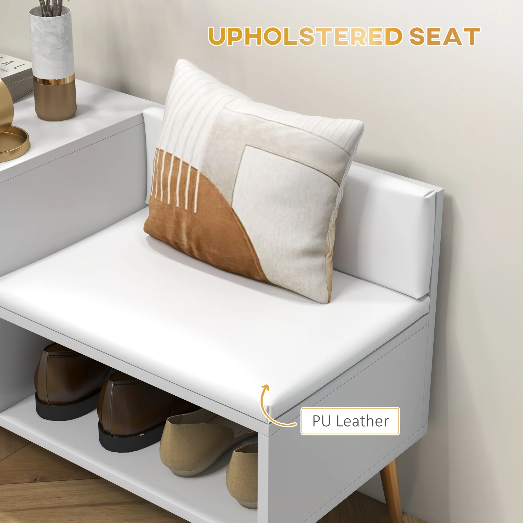 HOMCOM Upholstered Entryway Shoe Bench With Storage Cabinet Open Shelf White - Image 4