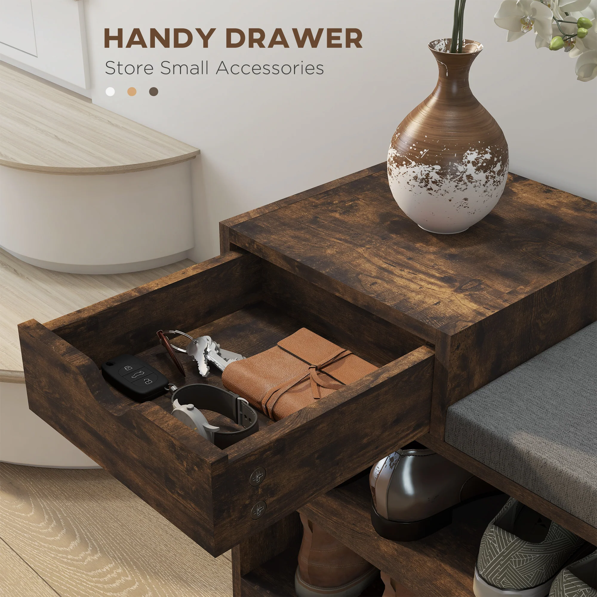 HOMCOM Upholstered Entryway Shoe Bench with Storage Drawer Open Shelf Brown - Image 4
