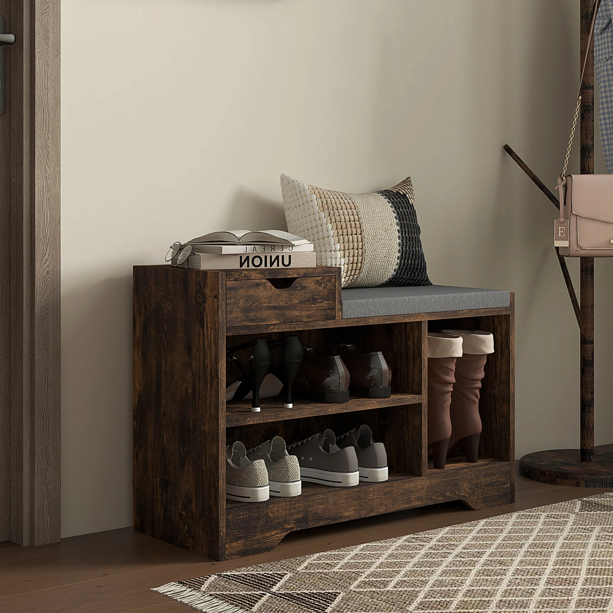 HOMCOM Upholstered Entryway Shoe Bench with Storage Drawer Open Shelf Brown - Image 7