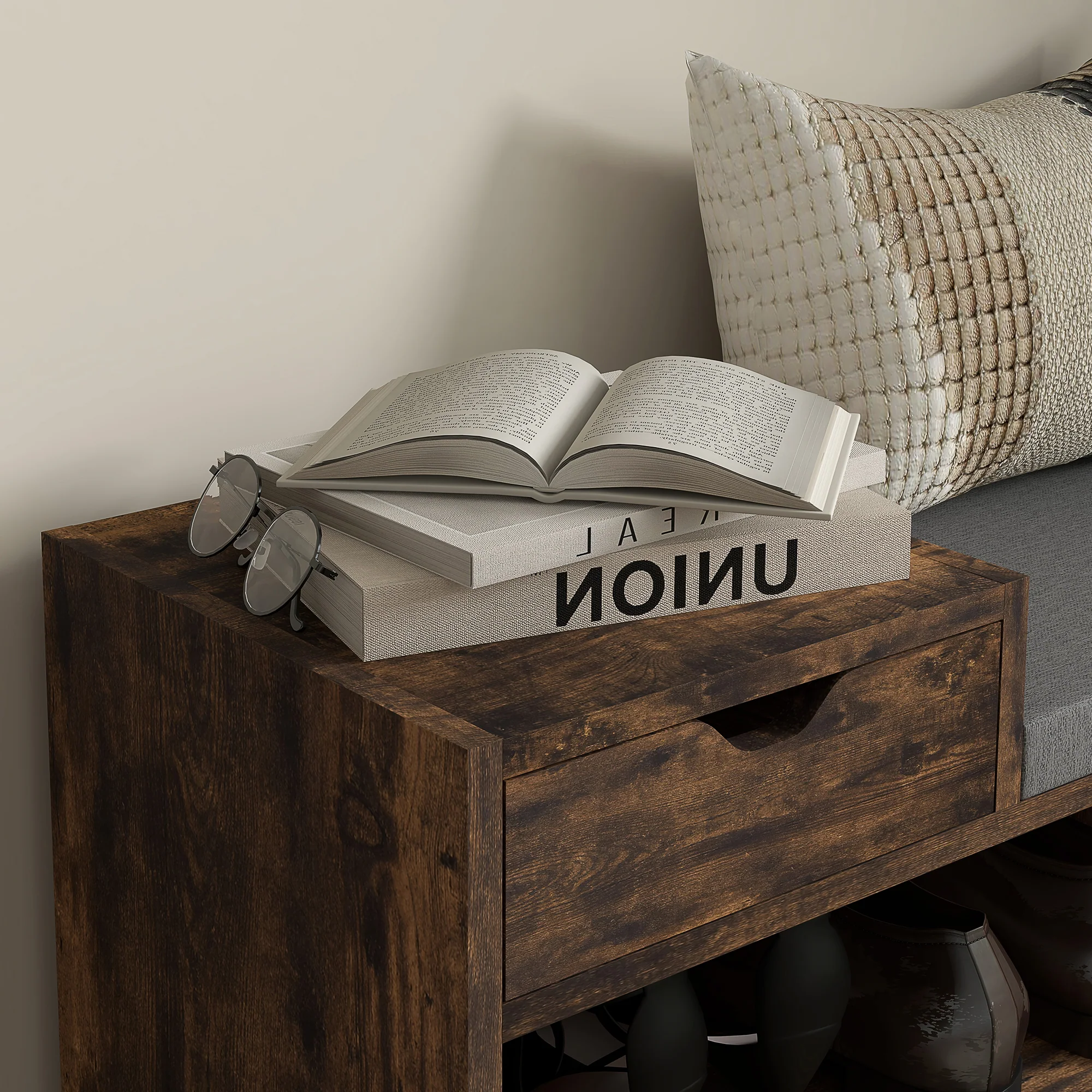 HOMCOM Upholstered Entryway Shoe Bench with Storage Drawer Open Shelf Brown - Image 8