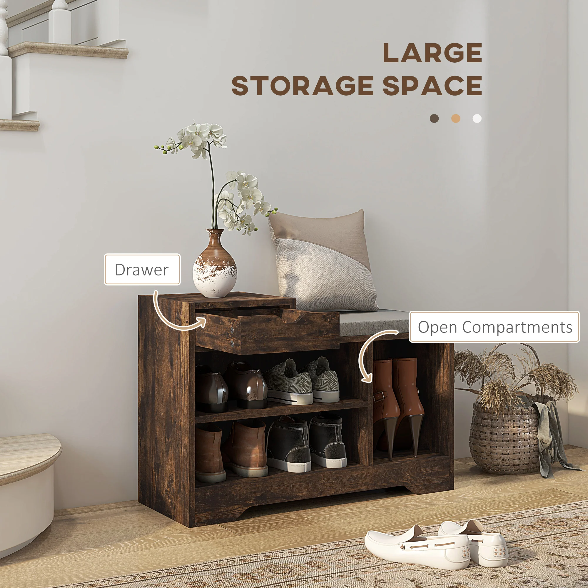 HOMCOM Upholstered Entryway Shoe Bench with Storage Drawer Open Shelf Brown - Image 3