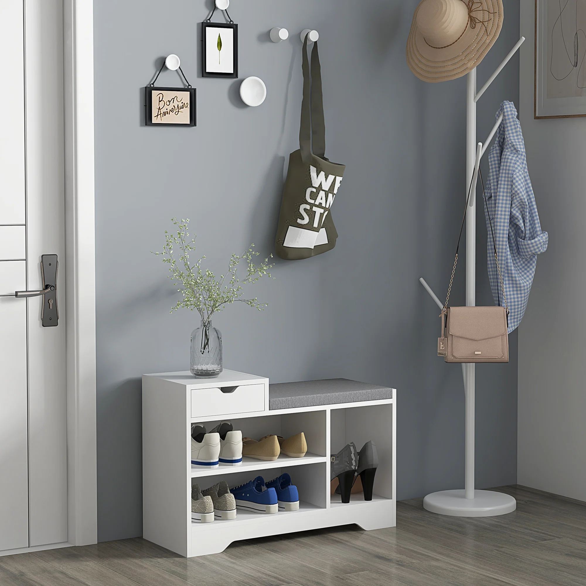 HOMCOM Upholstered Entryway Shoe Bench with Storage Drawer Open Shelf White - Image 2