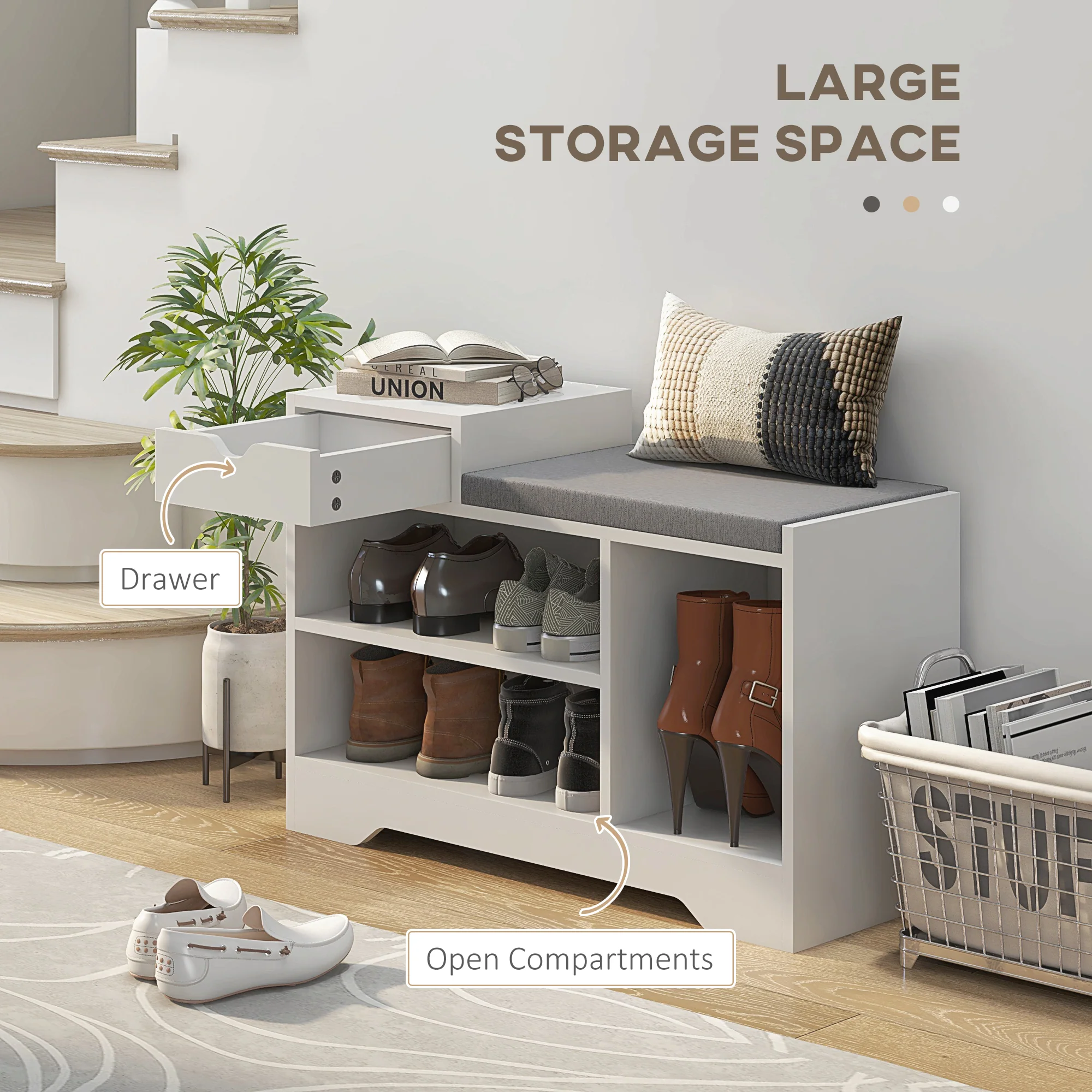 HOMCOM Upholstered Entryway Shoe Bench with Storage Drawer Open Shelf White - Image 3