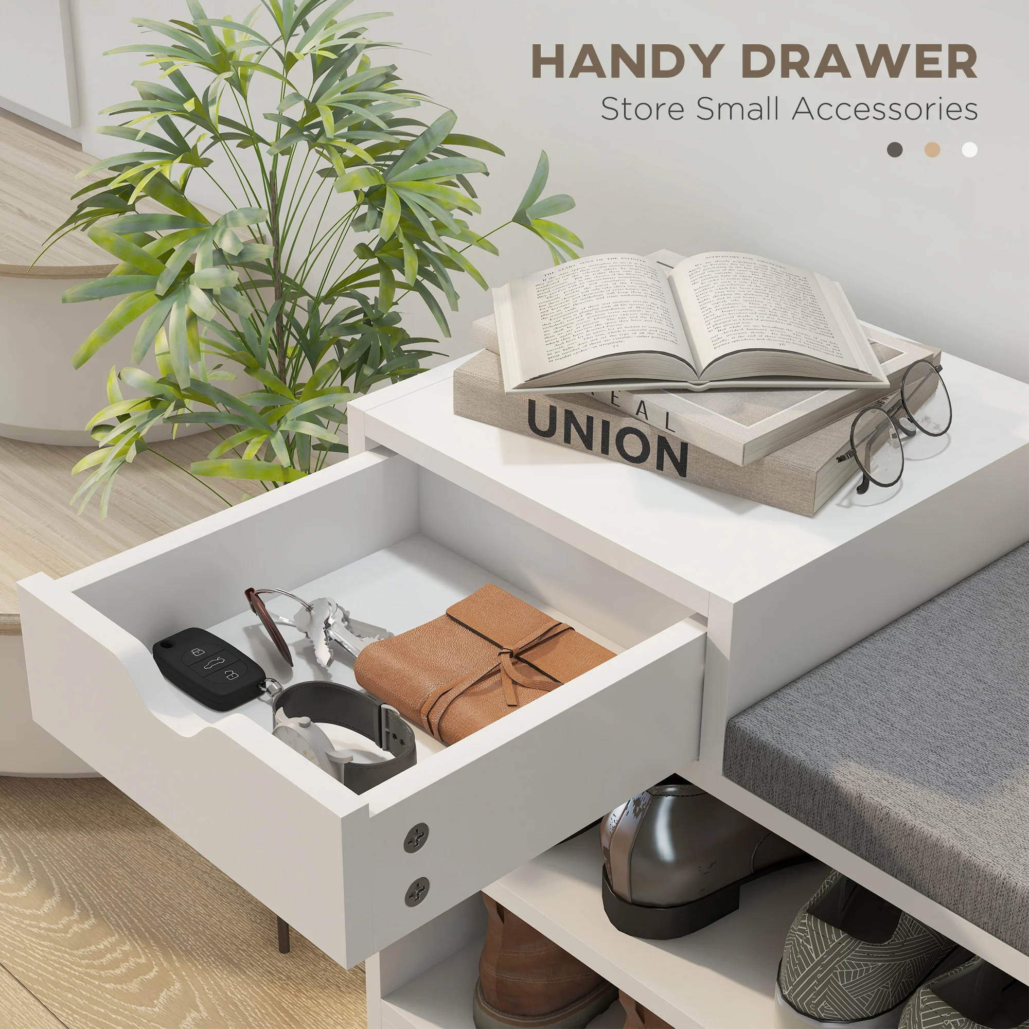 HOMCOM Upholstered Entryway Shoe Bench with Storage Drawer Open Shelf White - Image 4