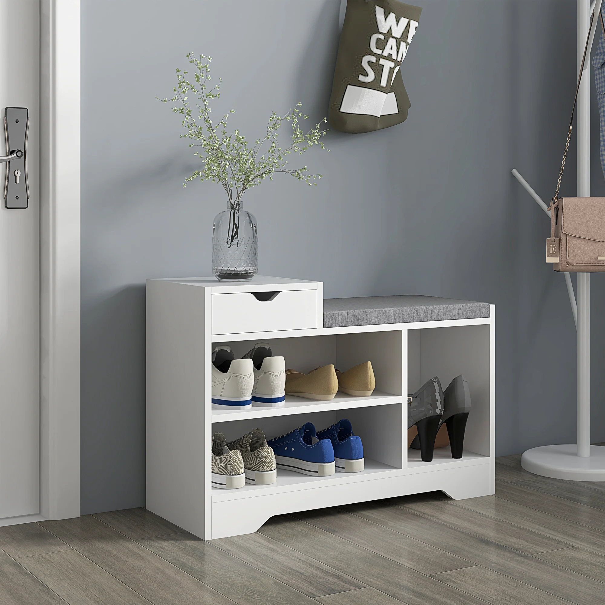 HOMCOM Upholstered Entryway Shoe Bench with Storage Drawer Open Shelf White - Image 7