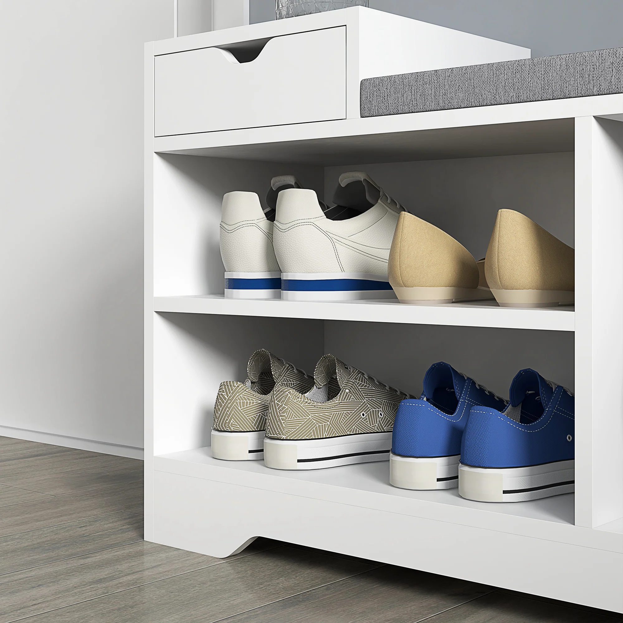 HOMCOM Upholstered Entryway Shoe Bench with Storage Drawer Open Shelf White - Image 8