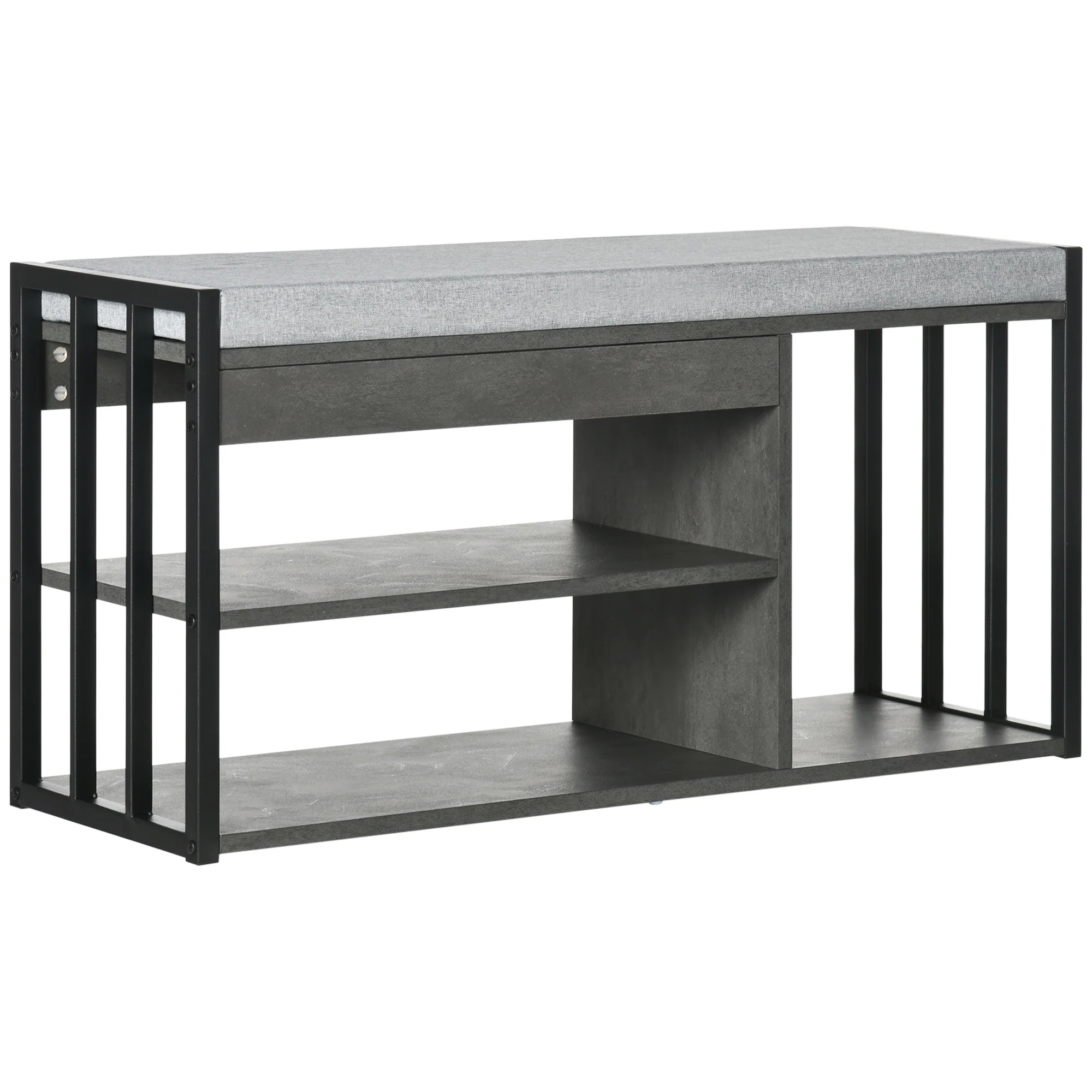 HOMCOM Upholstered Entryway Shoe Bench with Storage Open Shelves, Grey