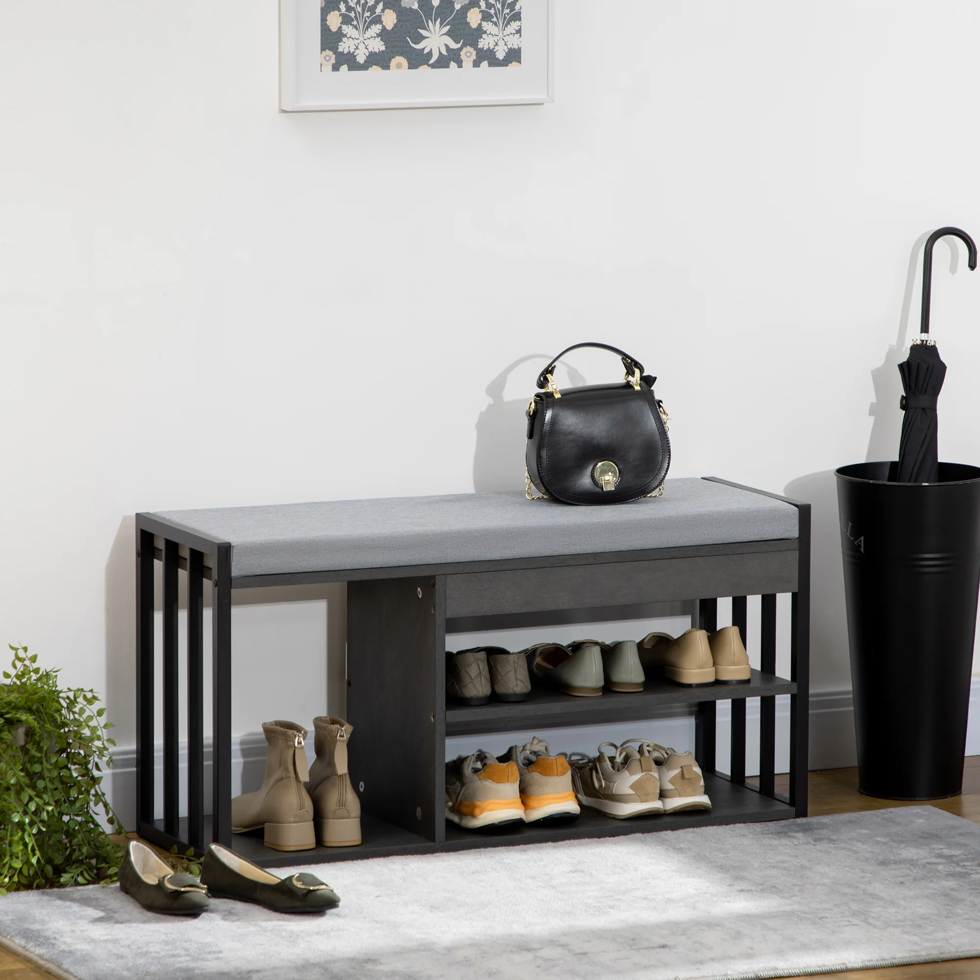 HOMCOM Upholstered Entryway Shoe Bench with Storage Open Shelves, Grey - Image 2