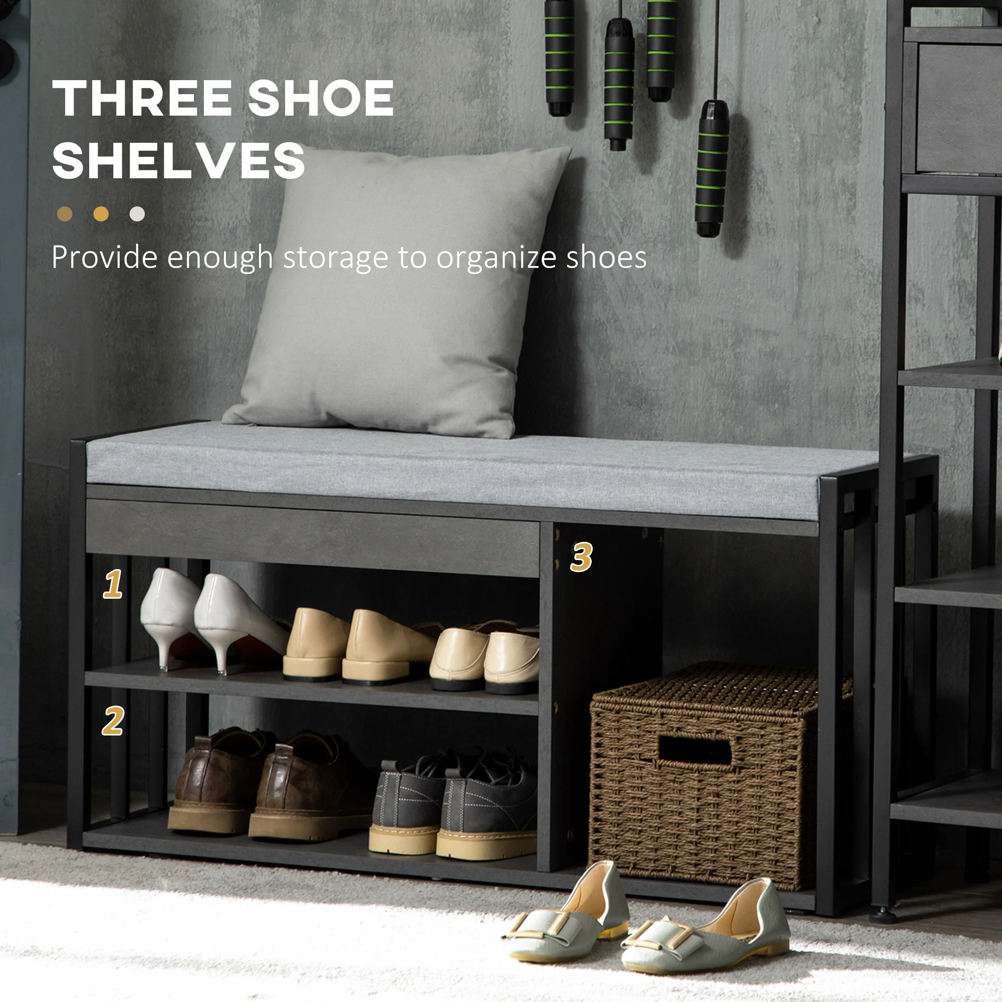HOMCOM Upholstered Entryway Shoe Bench with Storage Open Shelves, Grey - Image 3