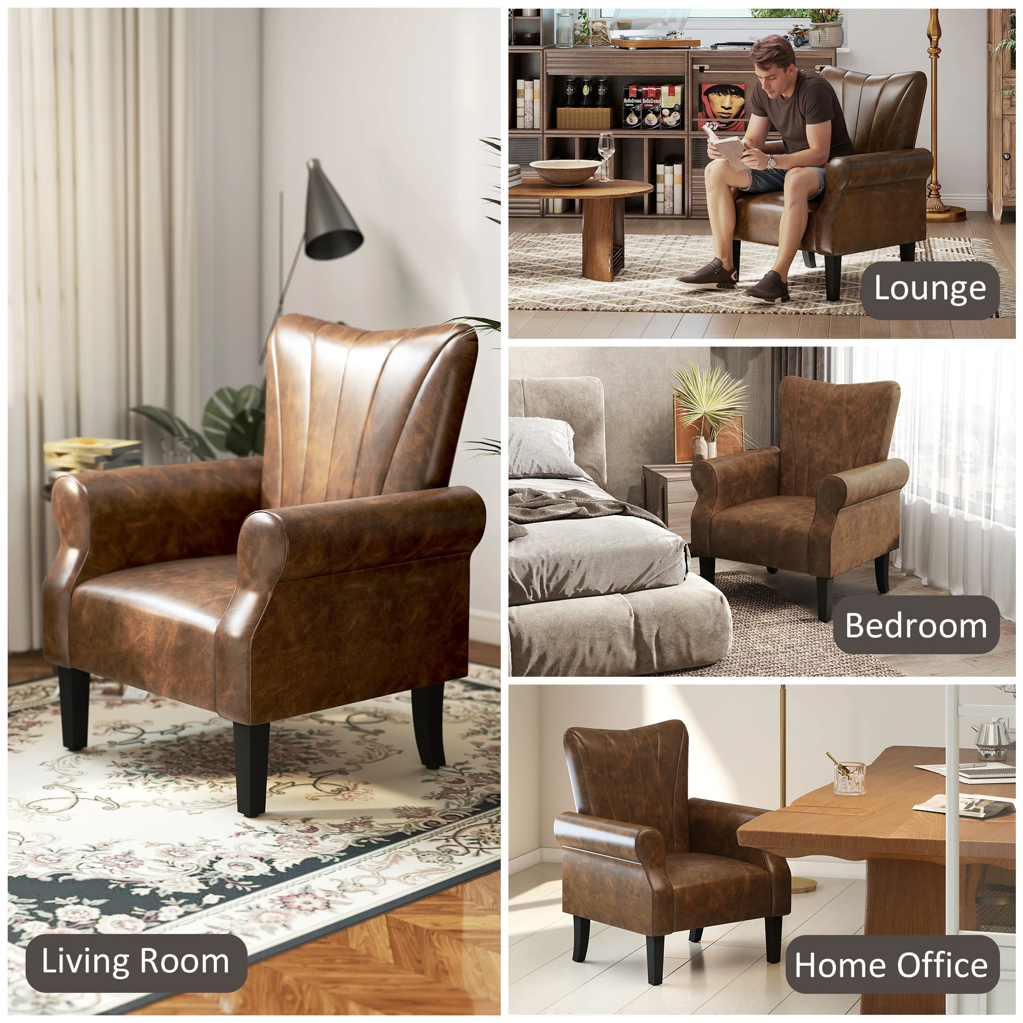 HOMCOM Upholstered Modern Accent Chair, Armchair With Wood Legs, Brown - Image 6