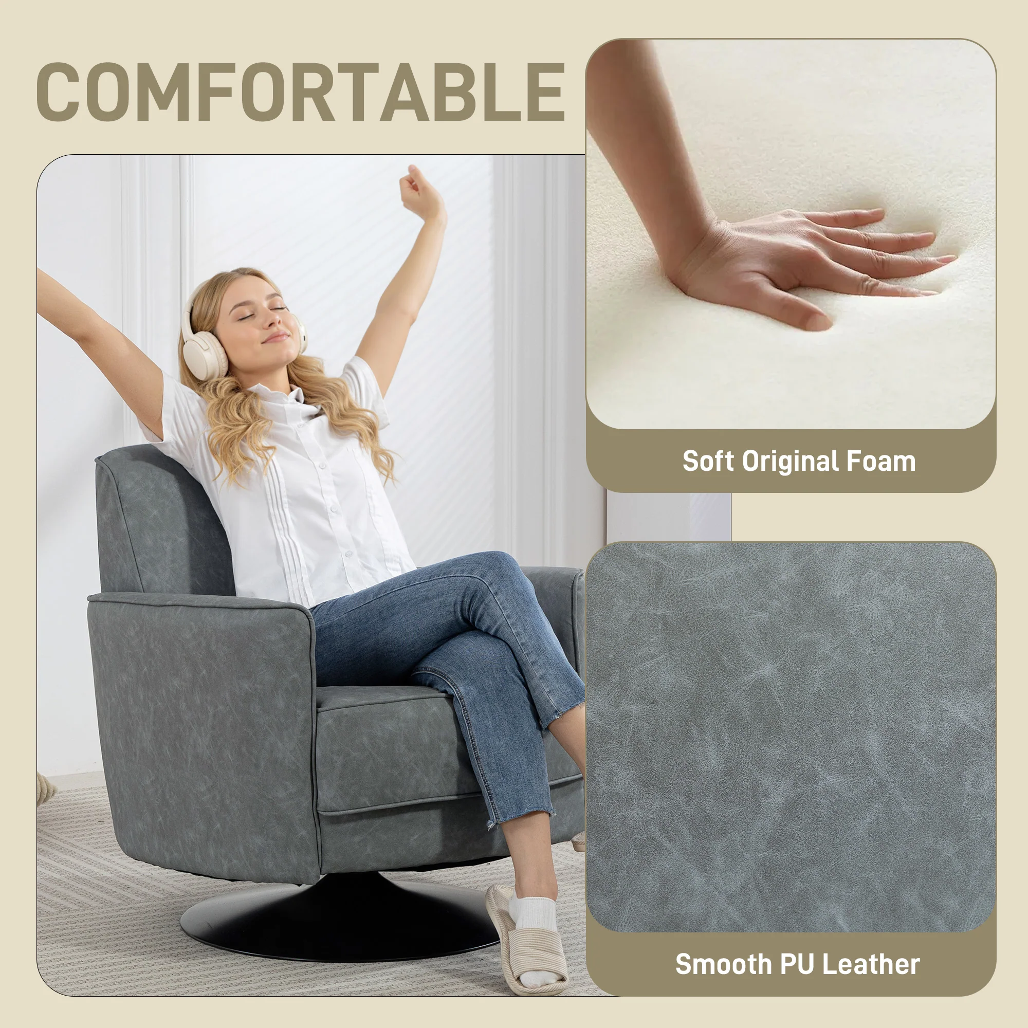HOMCOM Upholstered PU Leather Armchair For Living Room, Grey - Image 4