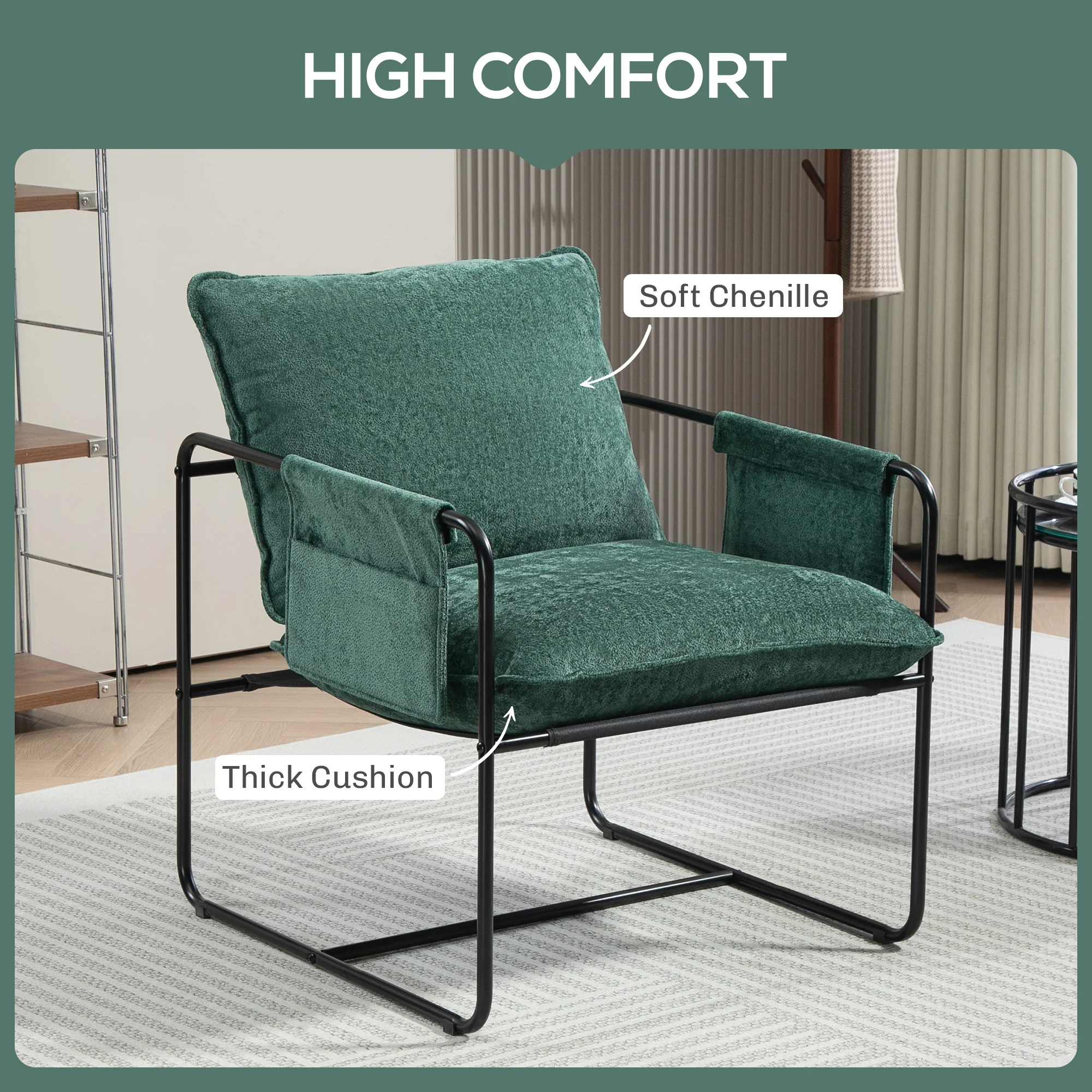 HOMCOM Upholstered Reading Chair with Side Pockets and Steel Frame - Image 3