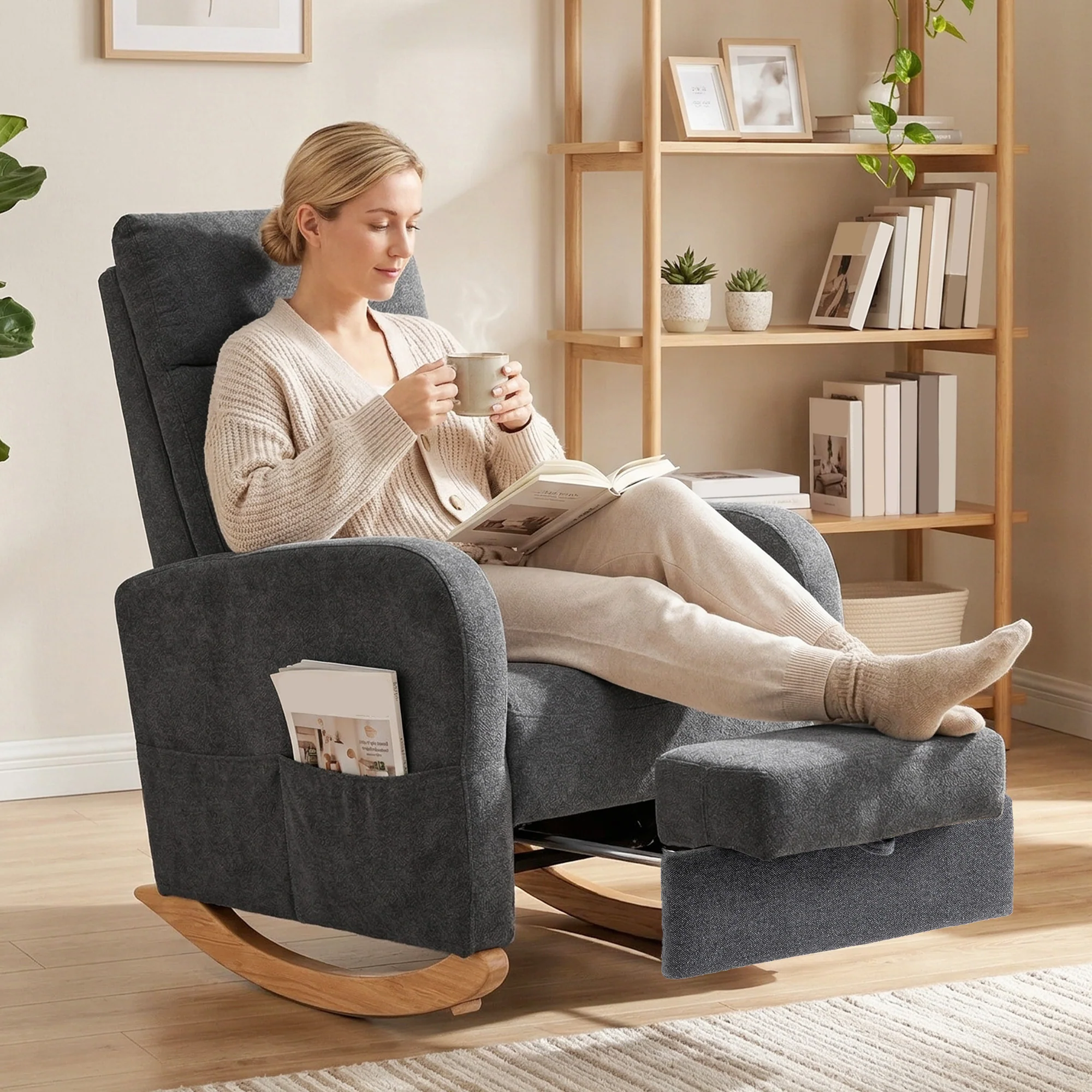 HOMCOM Upholstered Rocking Chair With Retractable Footrest Grey - Image 2