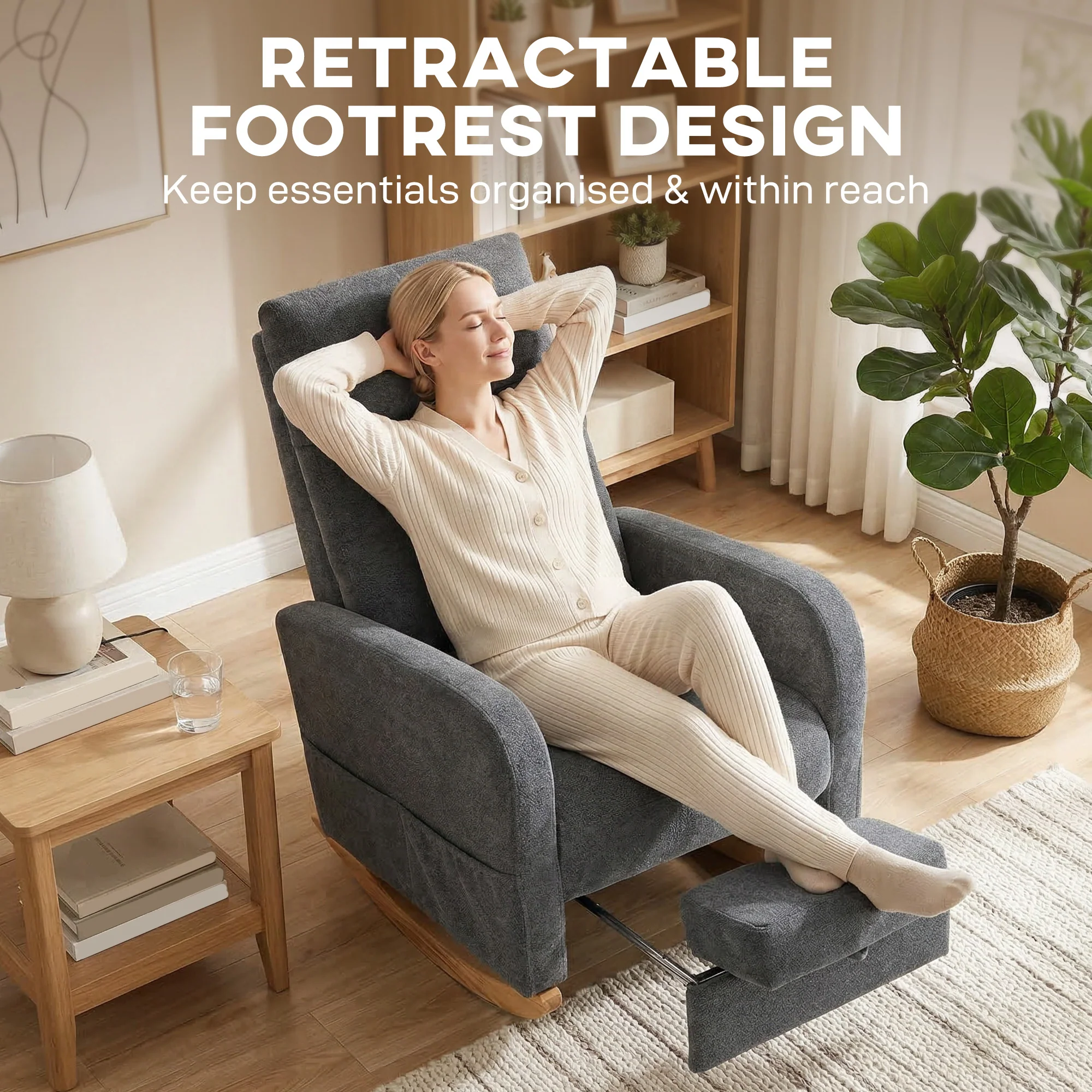 HOMCOM Upholstered Rocking Chair With Retractable Footrest Grey - Image 3