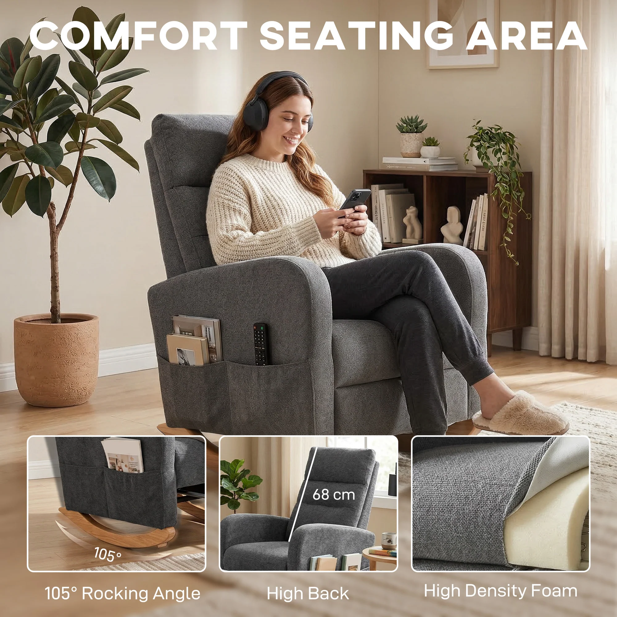 HOMCOM Upholstered Rocking Chair With Retractable Footrest Grey - Image 4