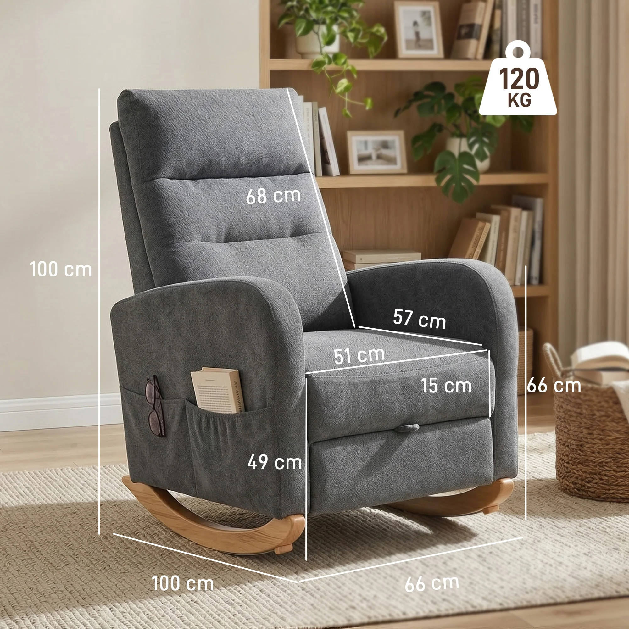 HOMCOM Upholstered Rocking Chair With Retractable Footrest Grey - Image 5