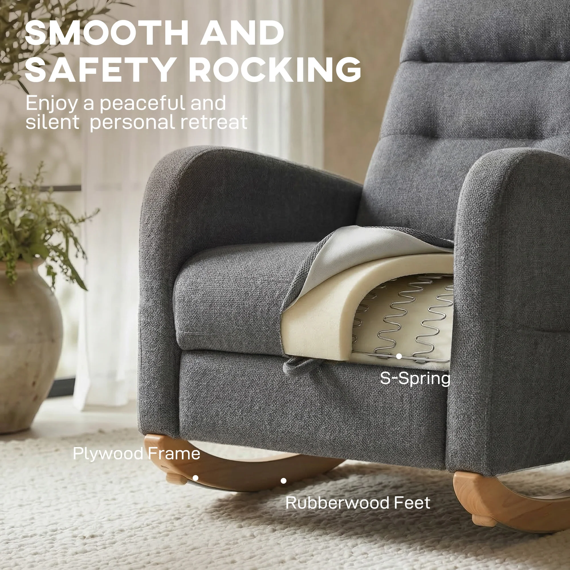 HOMCOM Upholstered Rocking Chair With Retractable Footrest Grey - Image 6