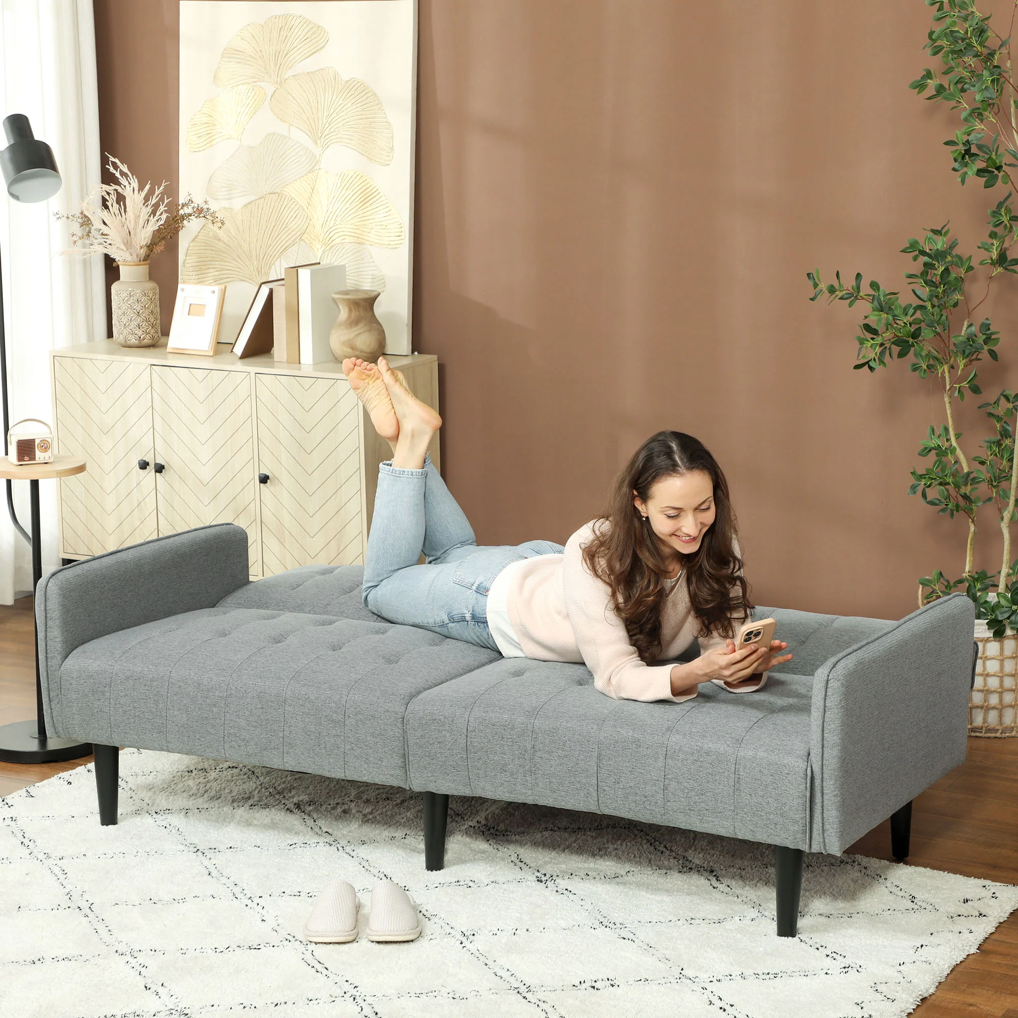 HOMCOM Upholstered Sofa Bed 3 Seater Home Theater With Storage - Image 17