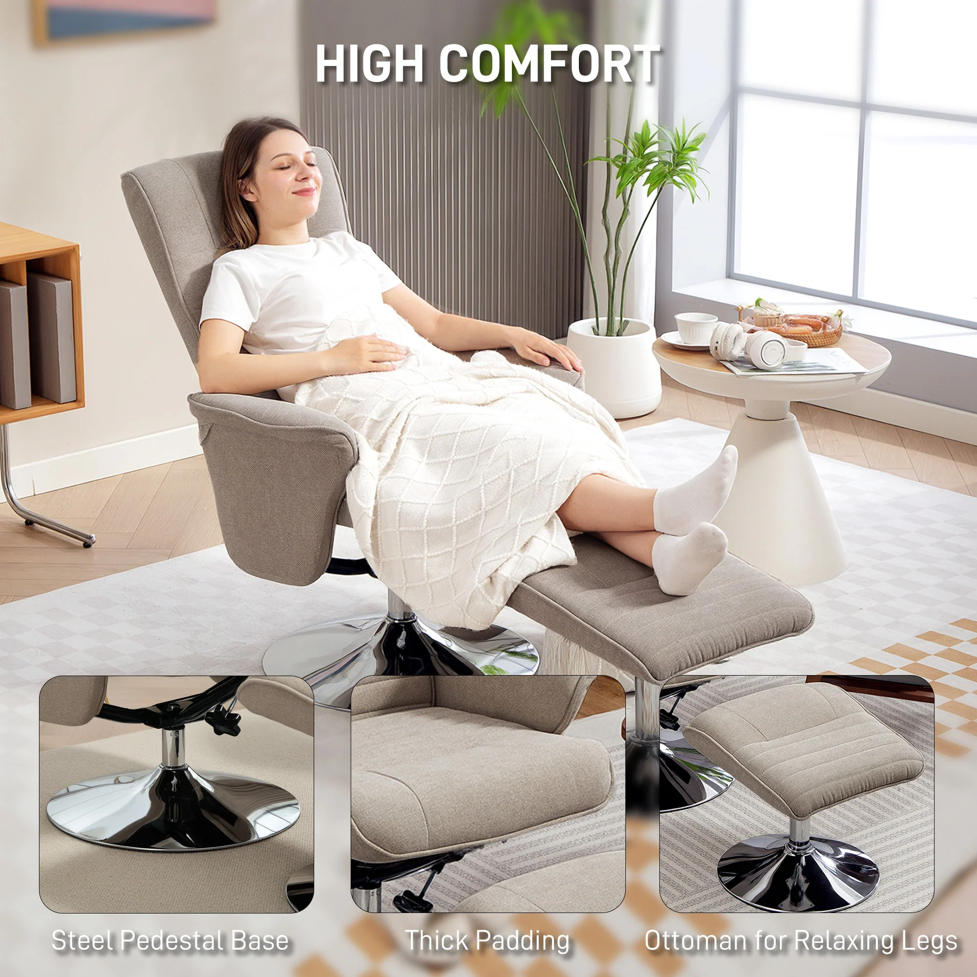 HOMCOM Upholstered Swivel Recliner Armchair With Ottoman, Beige - Image 6