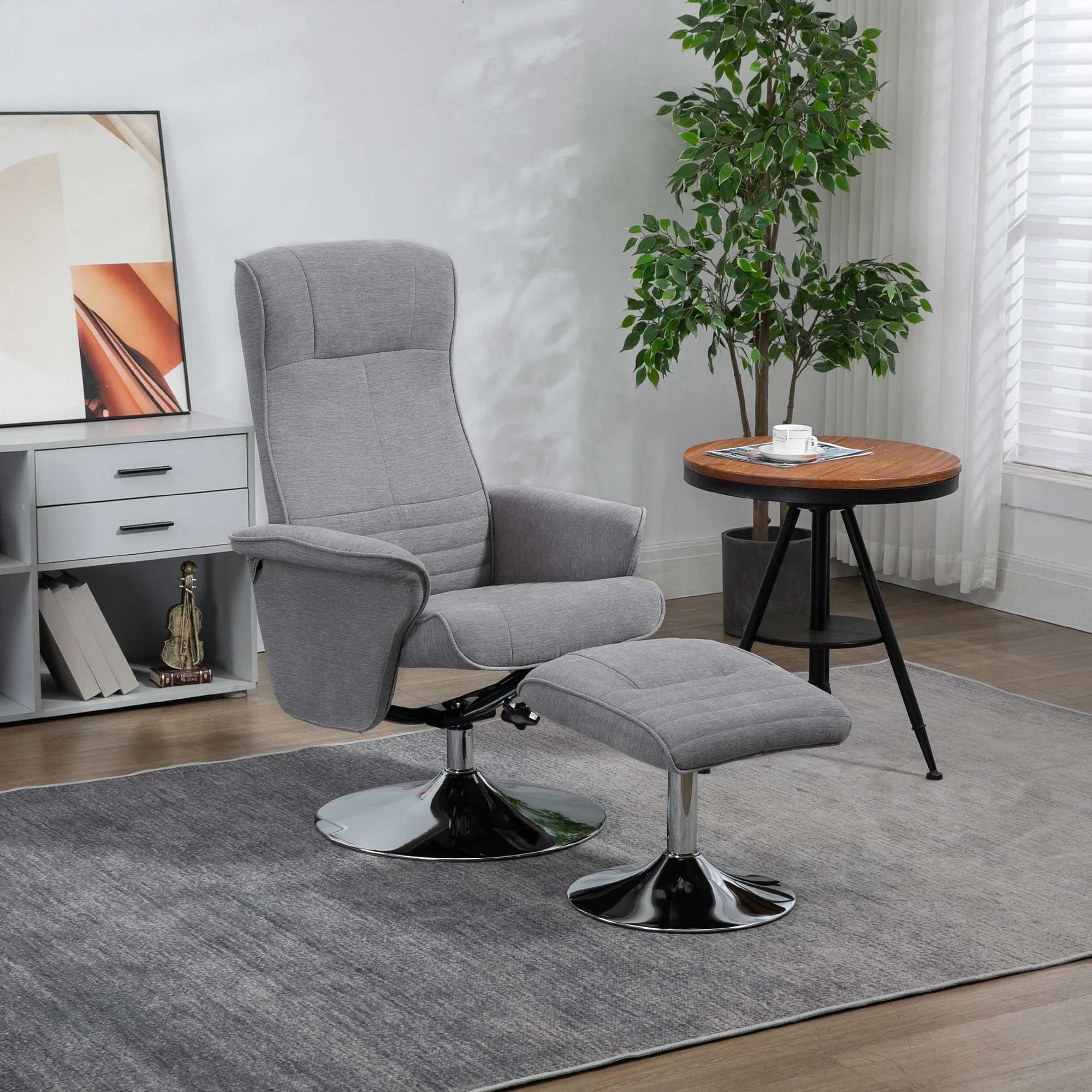 HOMCOM Upholstered Swivel Recliner Armchair With Ottoman, Grey - Image 2