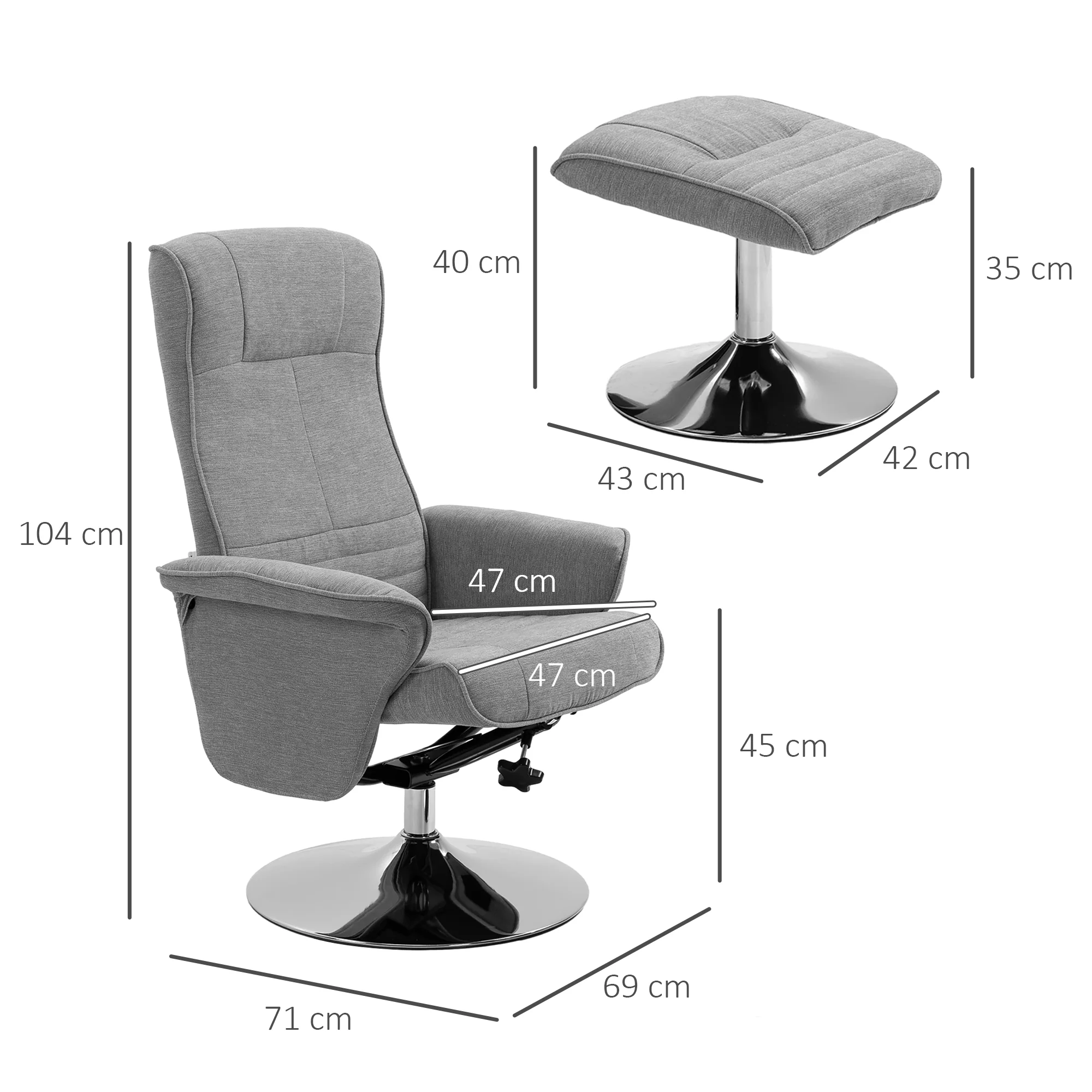 HOMCOM Upholstered Swivel Recliner Armchair With Ottoman, Grey - Image 3