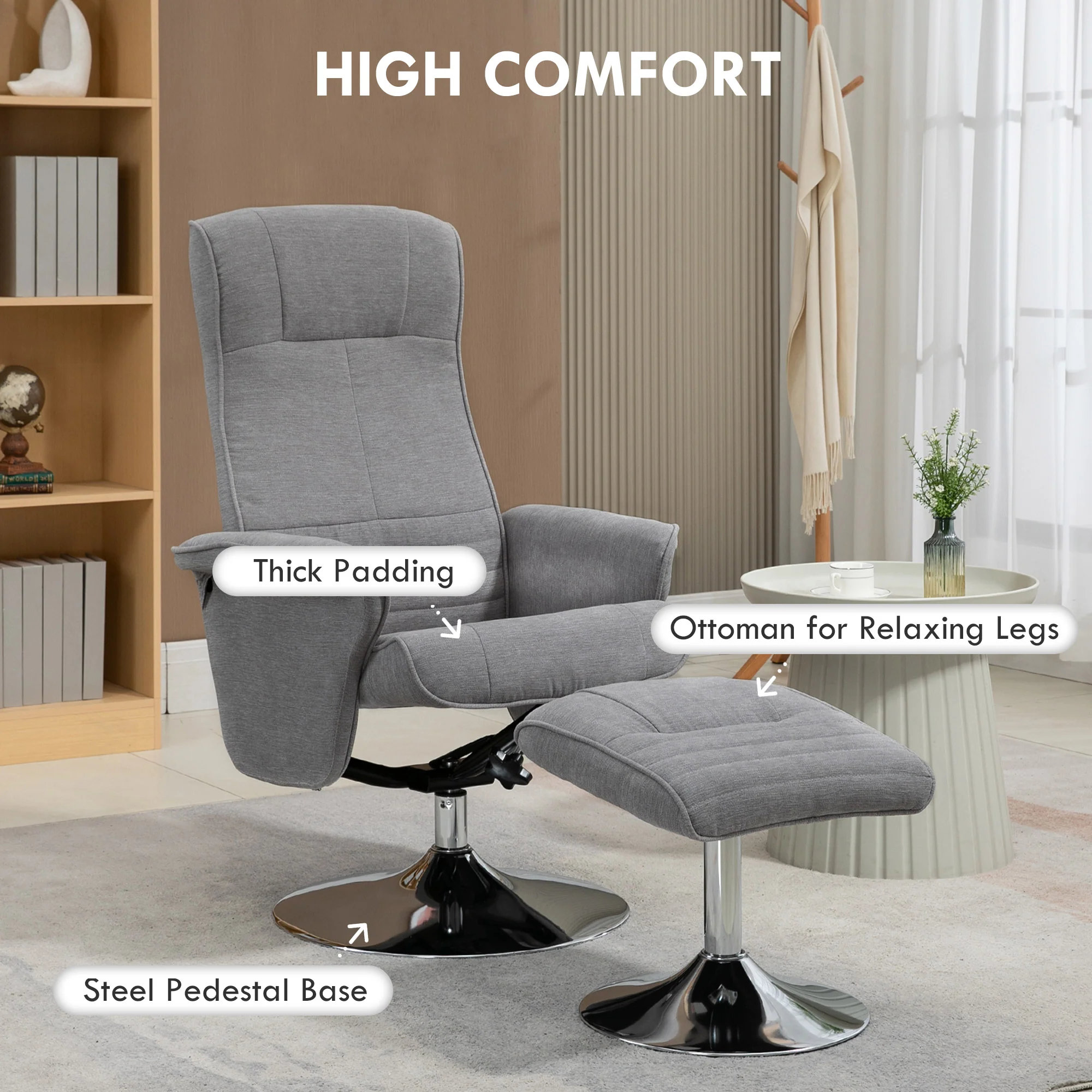 HOMCOM Upholstered Swivel Recliner Armchair With Ottoman, Grey - Image 6
