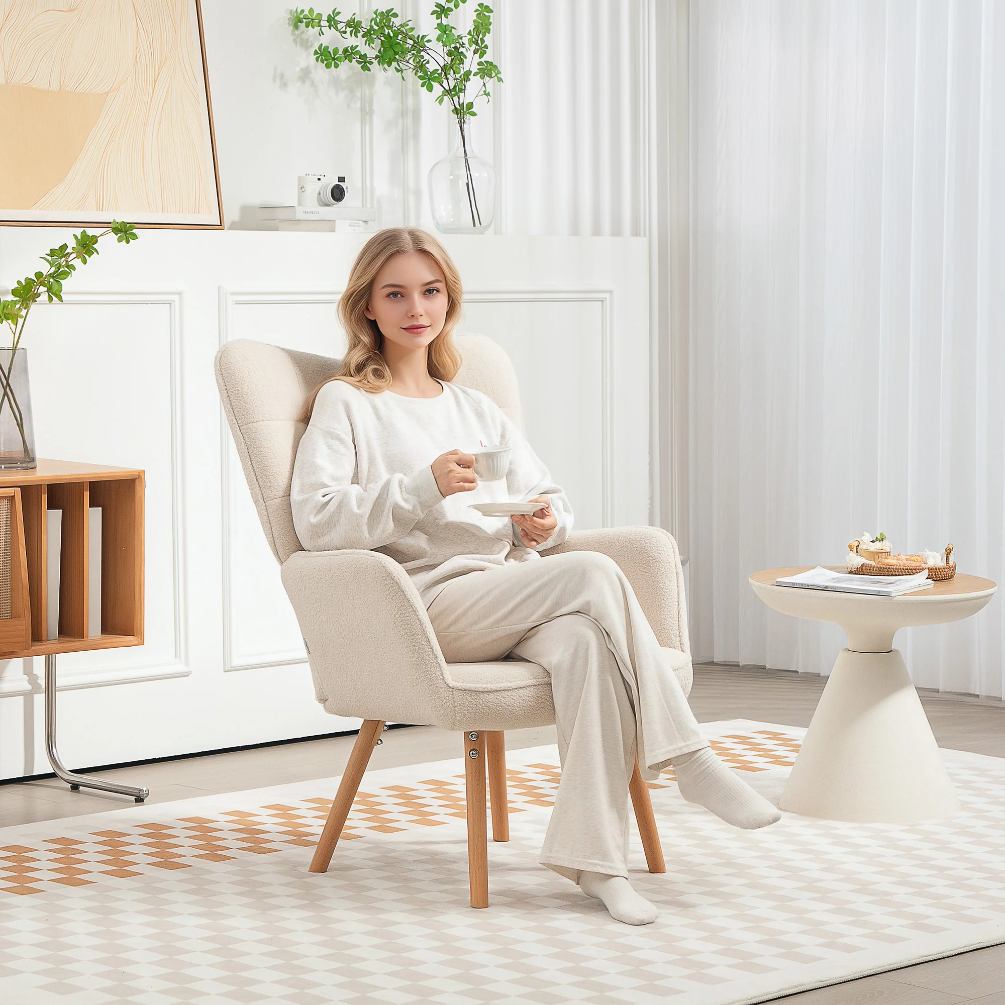 HOMCOM Upholstered Tufted Wingback Armchair with Seat Padding, Cream White - Image 2