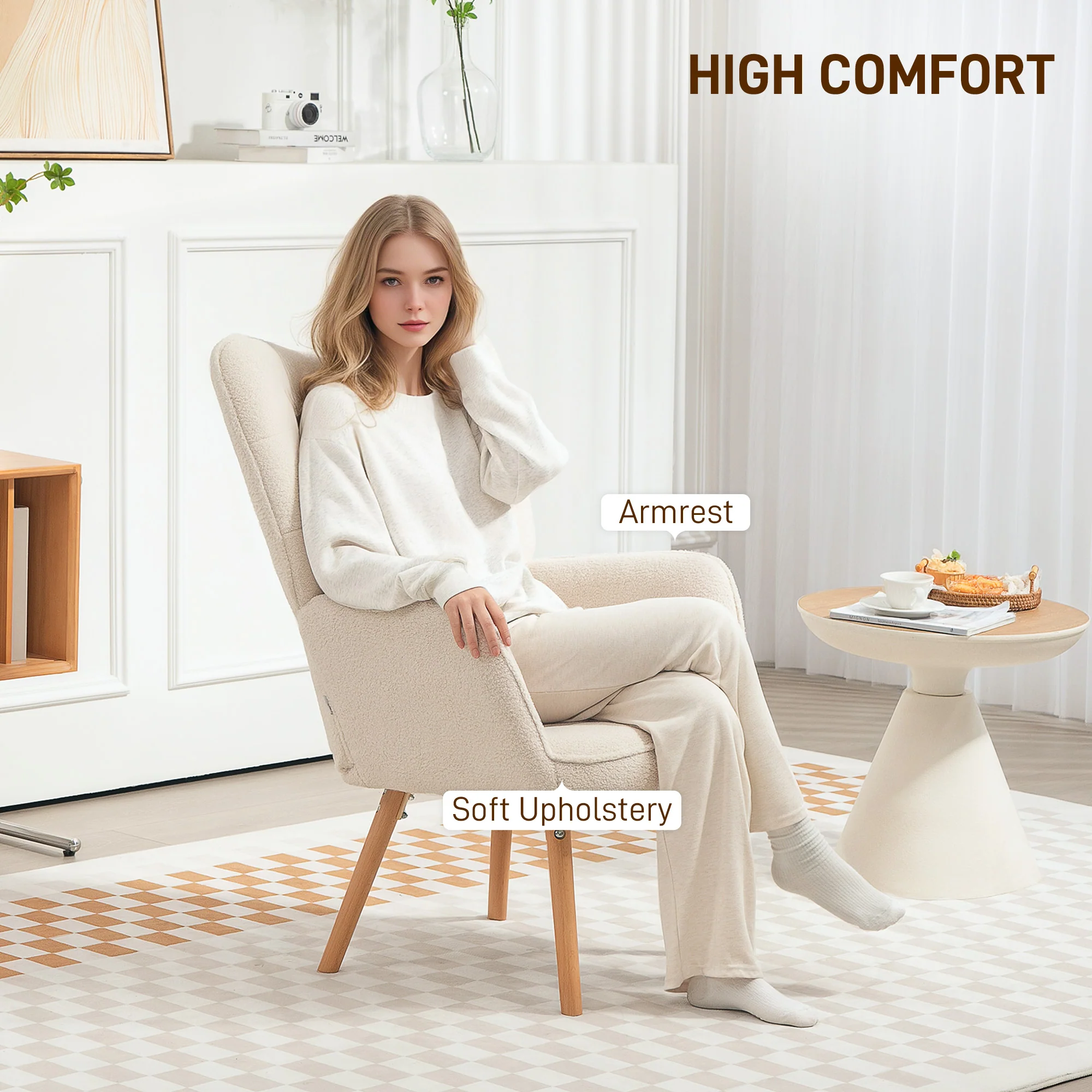 HOMCOM Upholstered Tufted Wingback Armchair with Seat Padding, Cream White - Image 3