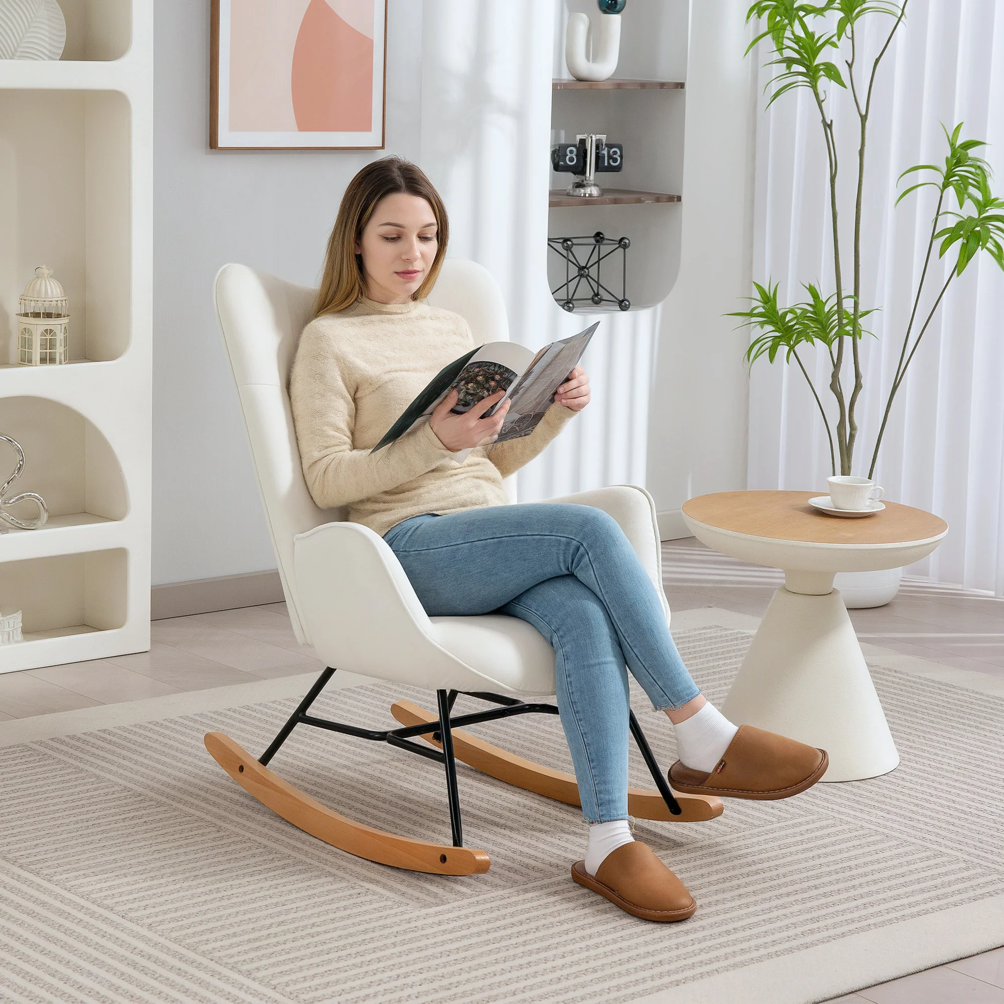 HOMCOM Upholstered Velvet Rocking Chair with Solid Wood Legs, Cream - Image 2