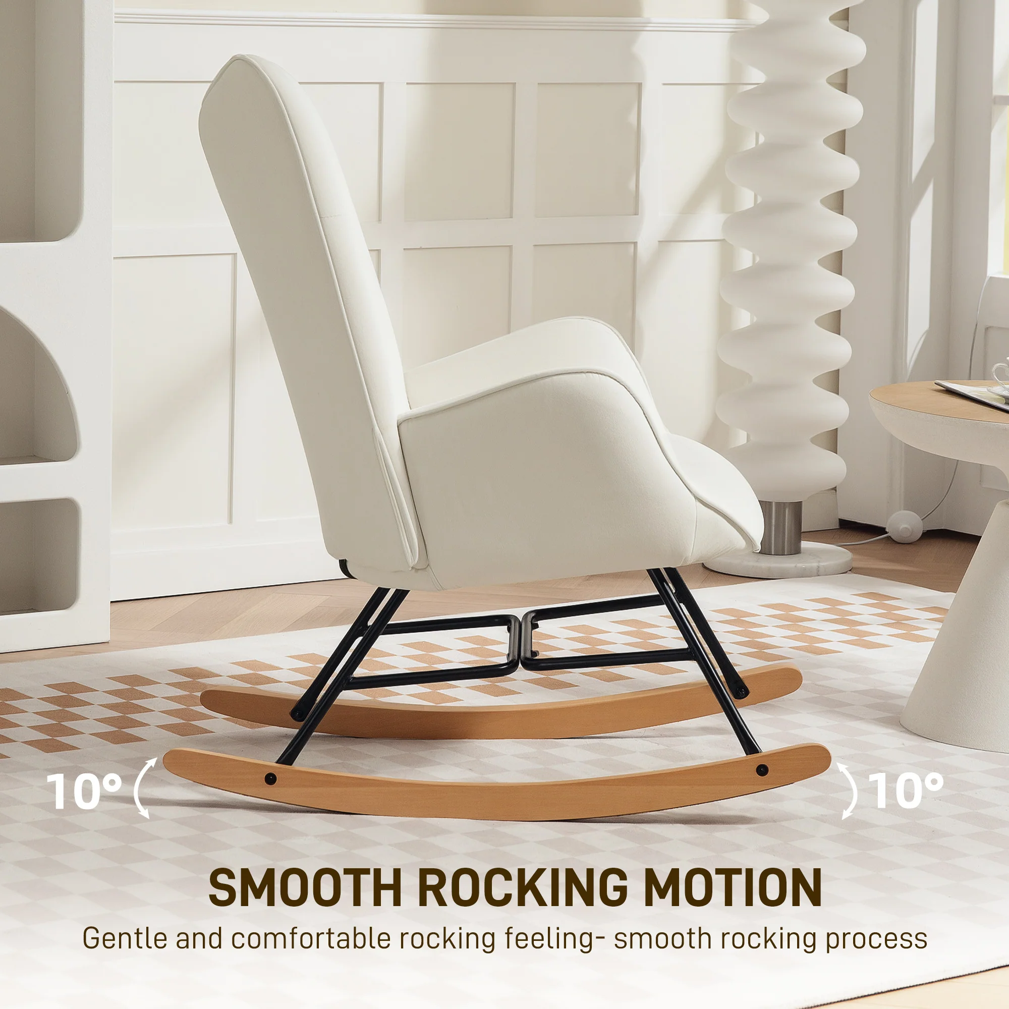 HOMCOM Upholstered Velvet Rocking Chair with Solid Wood Legs, Cream - Image 4