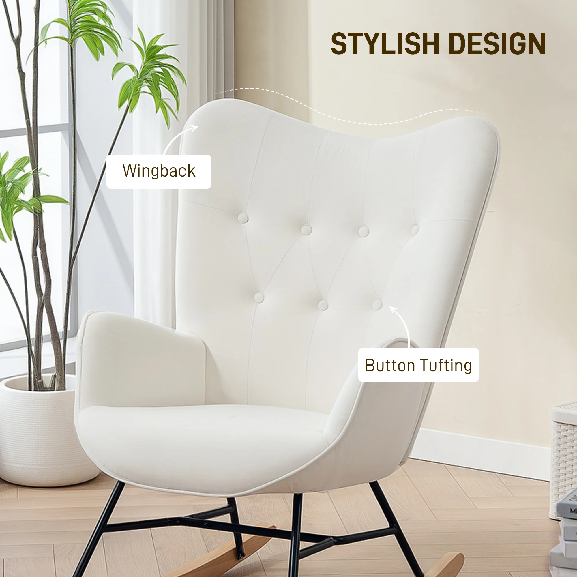 HOMCOM Upholstered Velvet Rocking Chair with Solid Wood Legs, Cream - Image 6