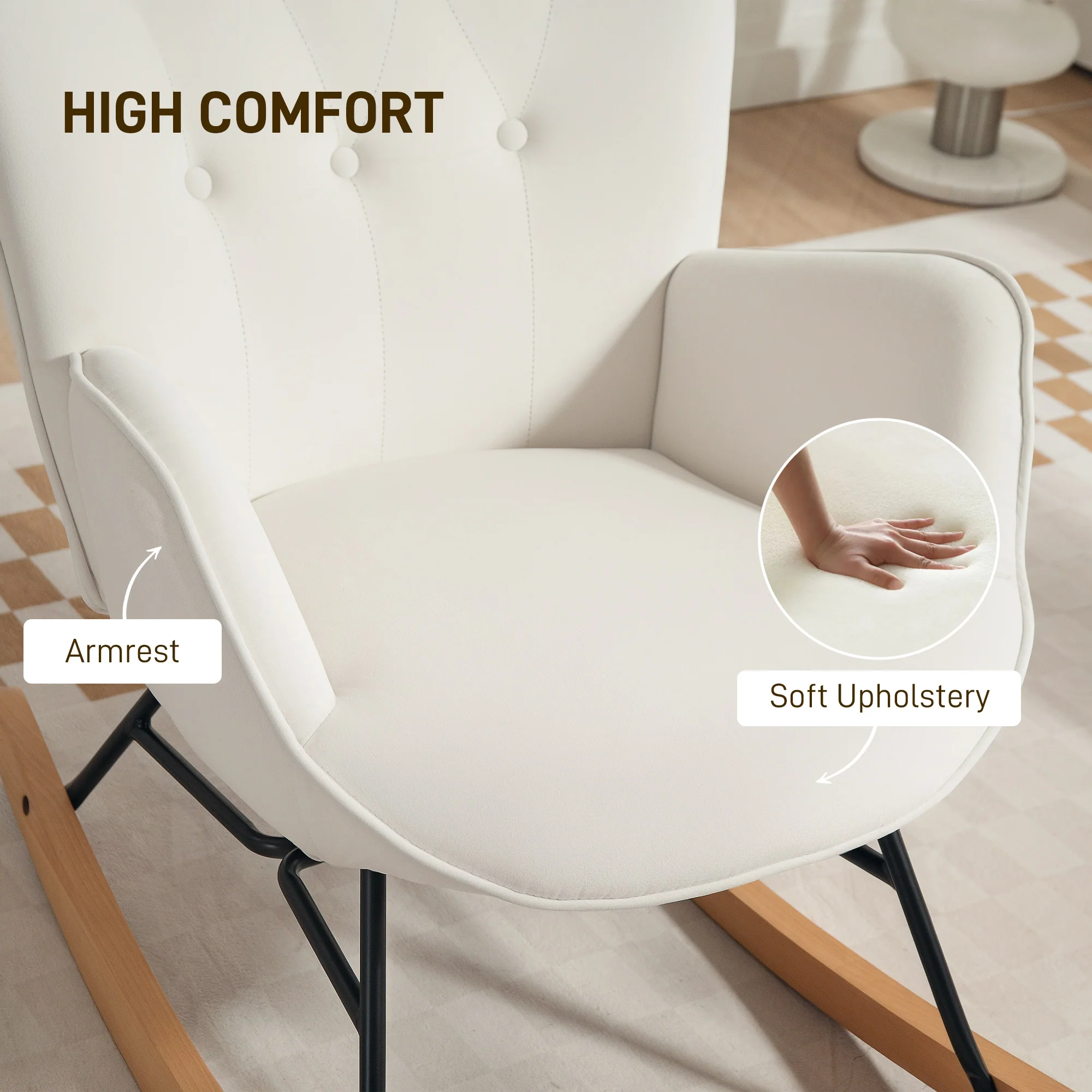 HOMCOM Upholstered Velvet Rocking Chair with Solid Wood Legs, Cream - Image 7