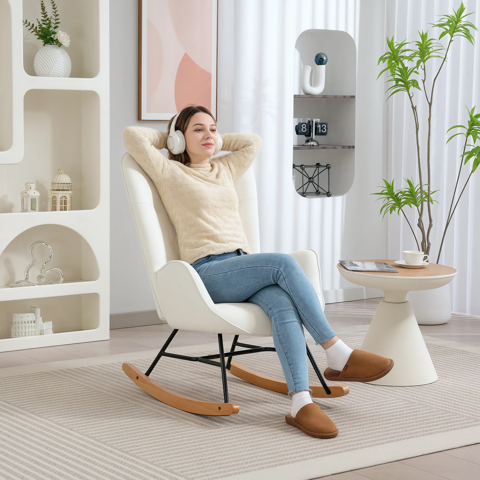 HOMCOM Upholstered Velvet Rocking Chair with Solid Wood Legs, Cream - Image 8