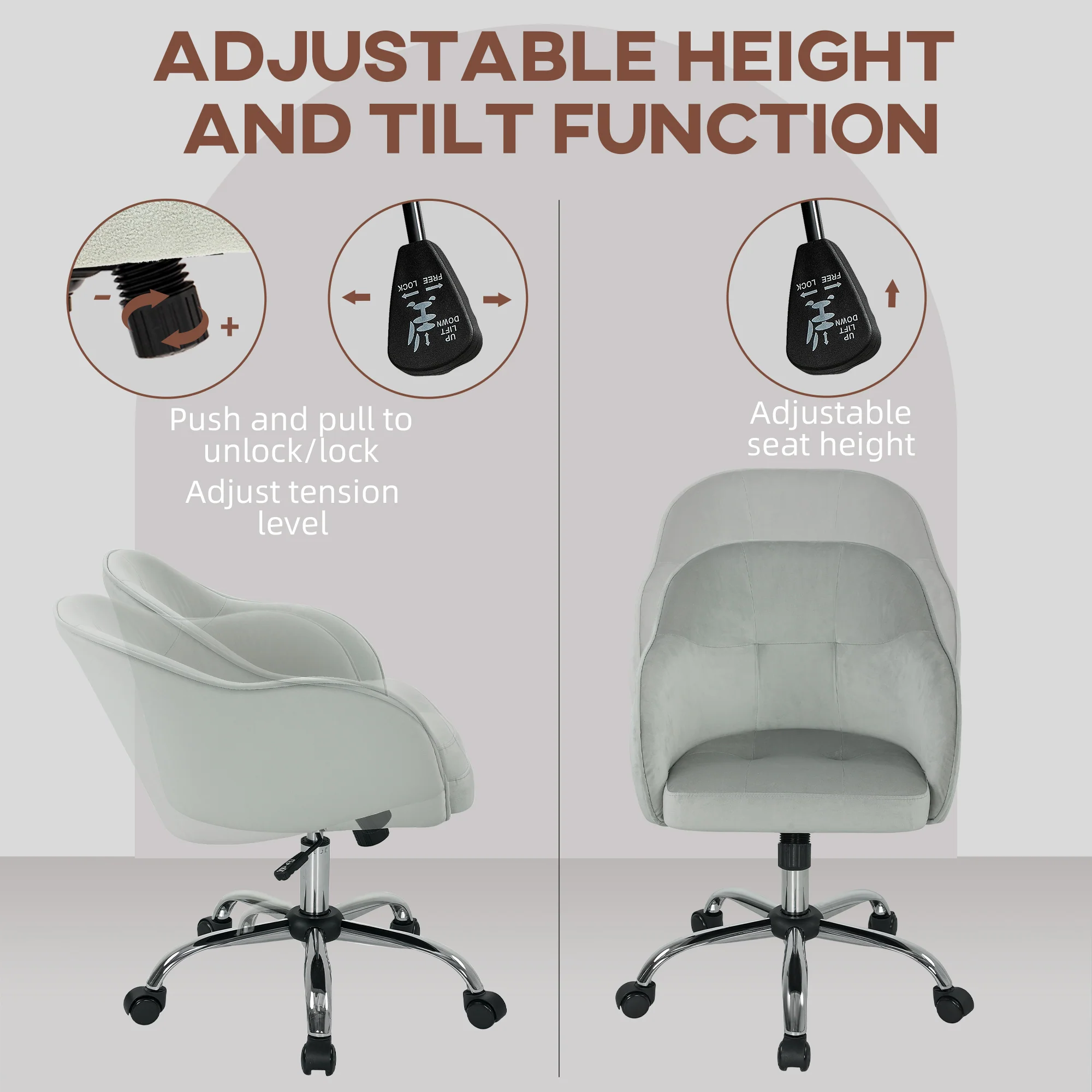 HOMCOM Vanity Chair For Desk, With Height Adjustable, Wheels - Image 12