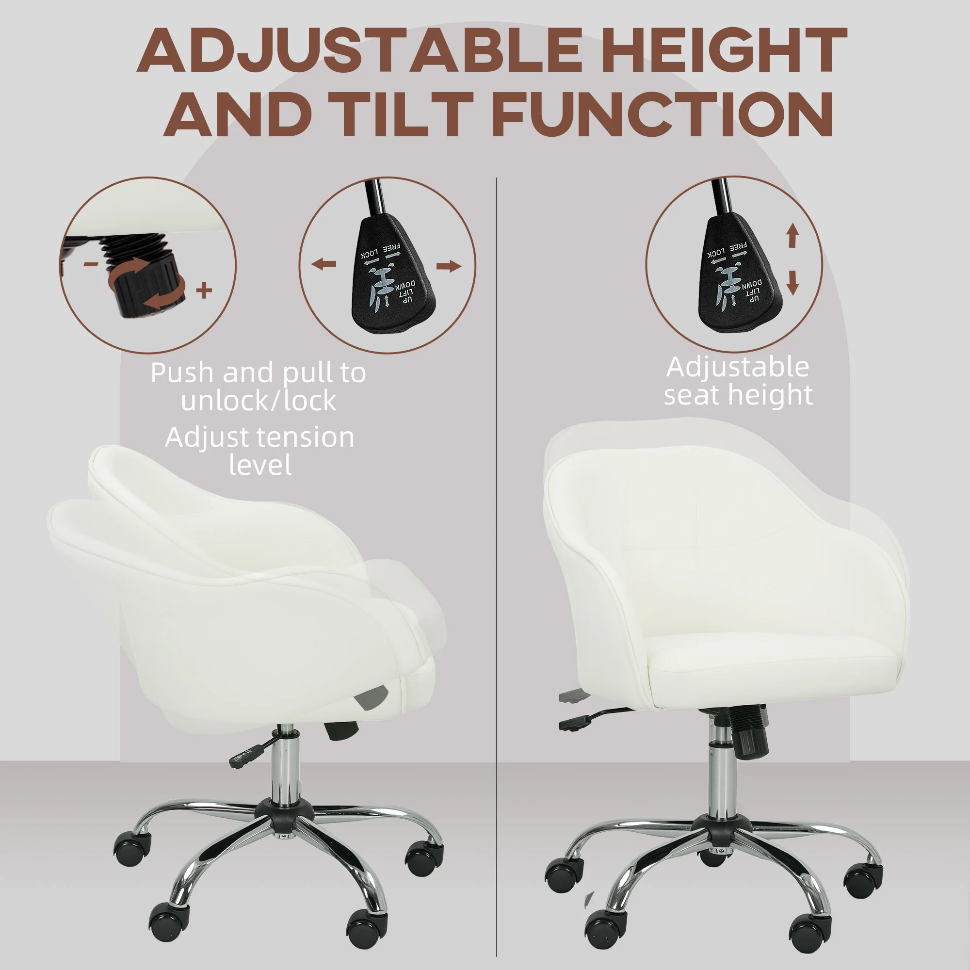 HOMCOM Vanity Chair For Desk, With Height Adjustable, Wheels - Image 3