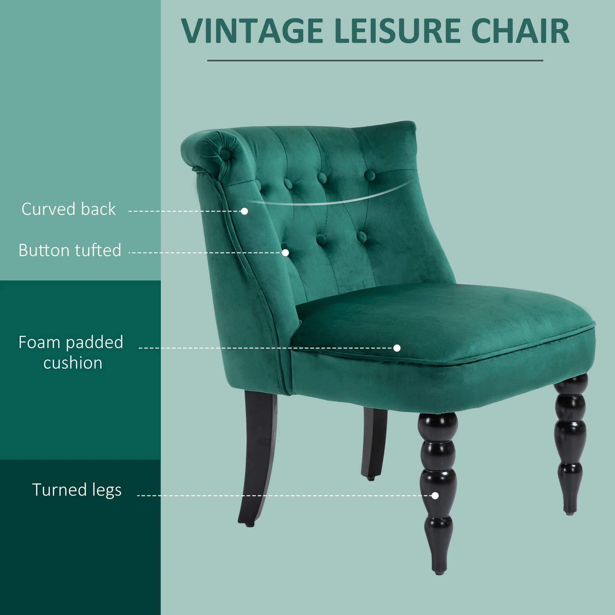 HOMCOM Velvet Accent Chair Tufted Wingback Chair W/ Rubber Wood Legs Dark Green - Image 3