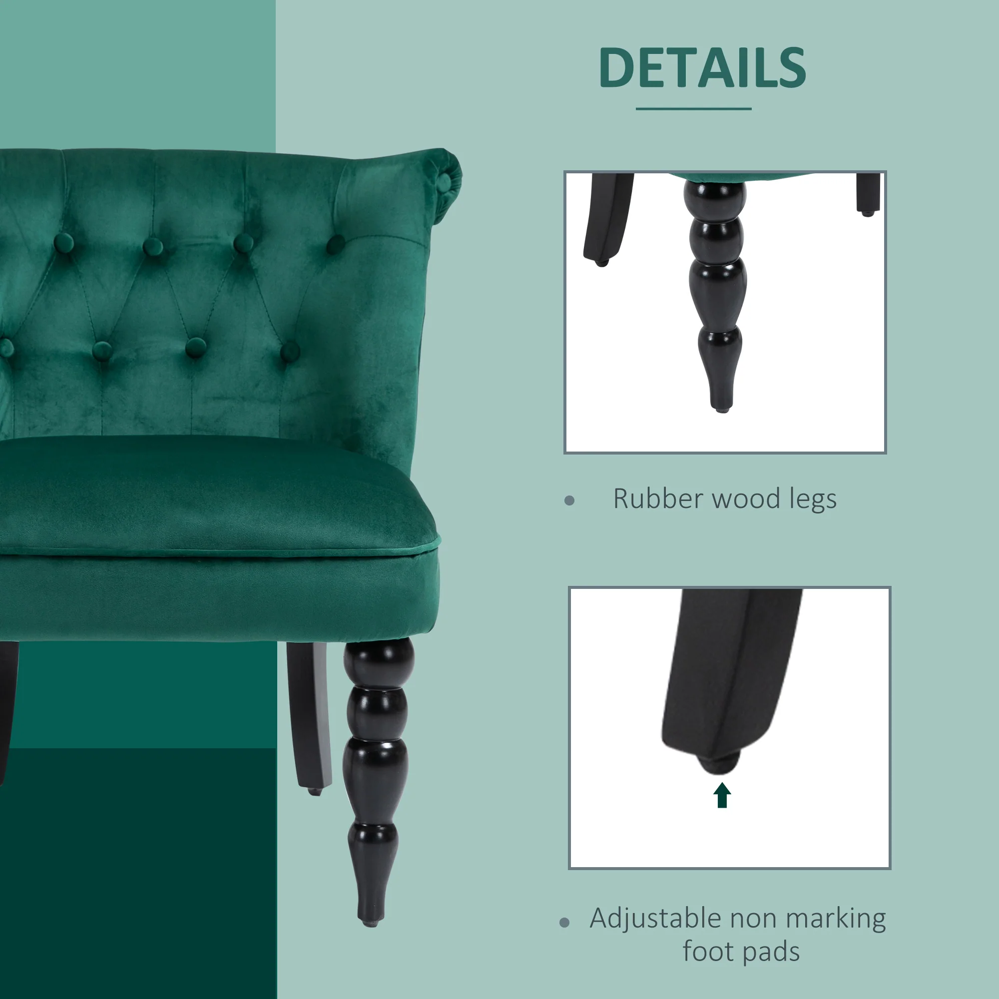 HOMCOM Velvet Accent Chair Tufted Wingback Chair W/ Rubber Wood Legs Dark Green - Image 4