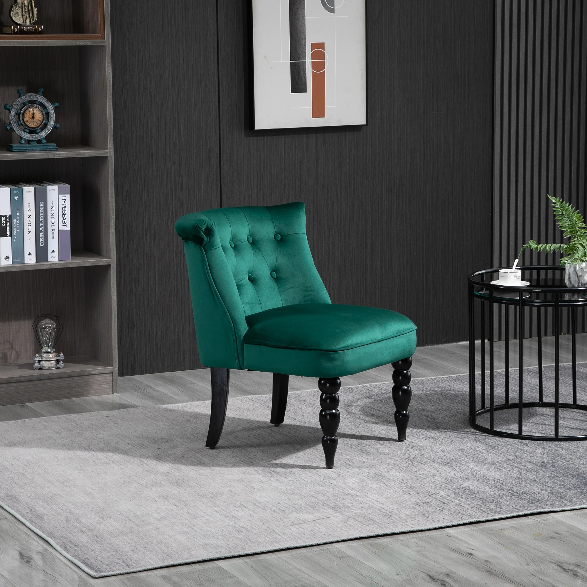 HOMCOM Velvet Accent Chair Tufted Wingback Chair W/ Rubber Wood Legs Dark Green - Image 6