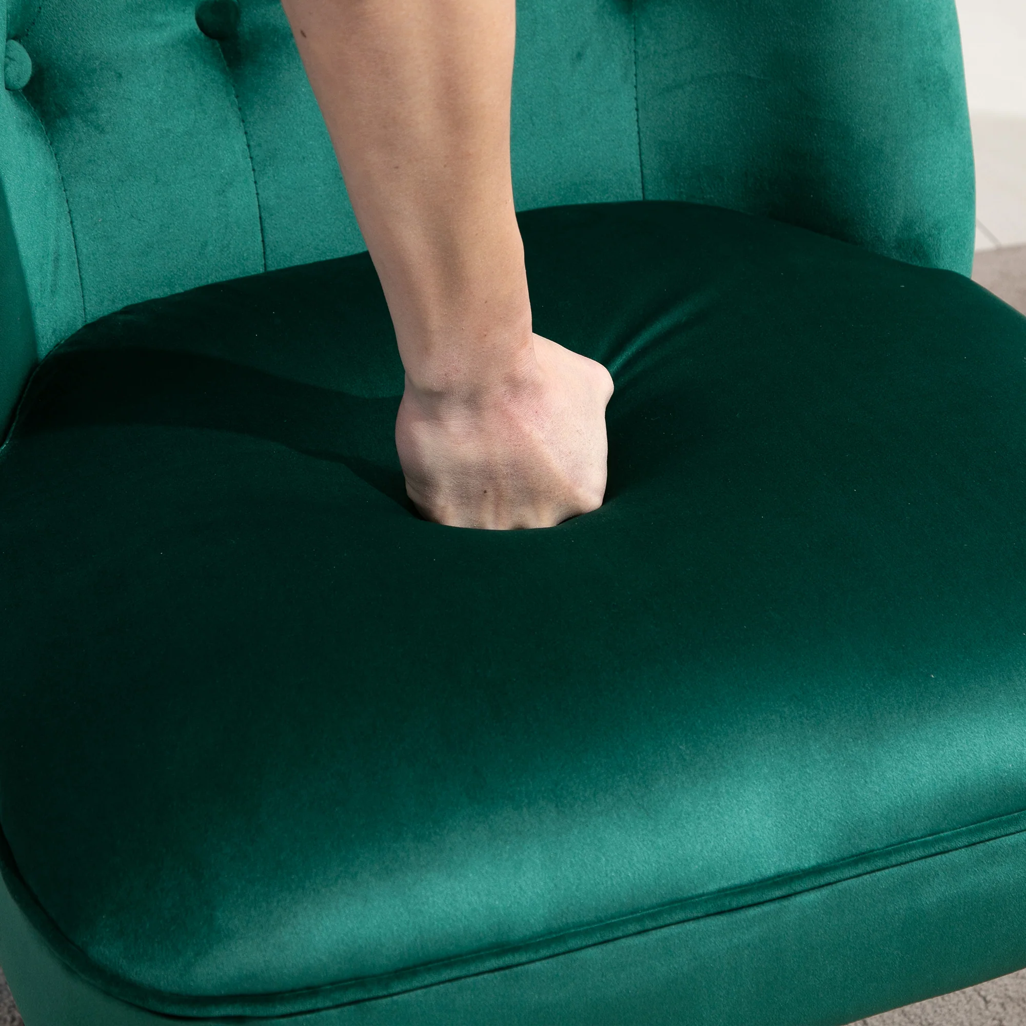 HOMCOM Velvet Accent Chair Tufted Wingback Chair W/ Rubber Wood Legs Dark Green - Image 8