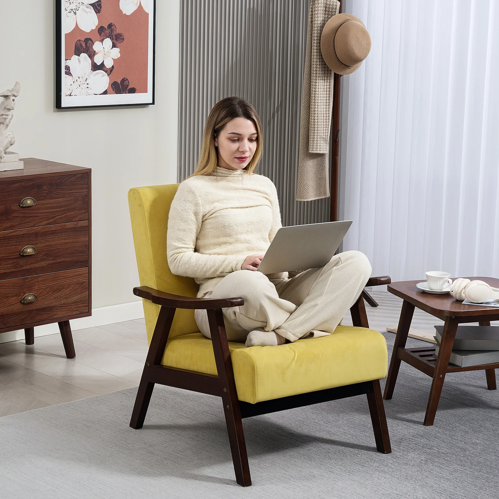 HOMCOM Velvet Armchair With Solid Wood Frame And Thick Padded - Image 16