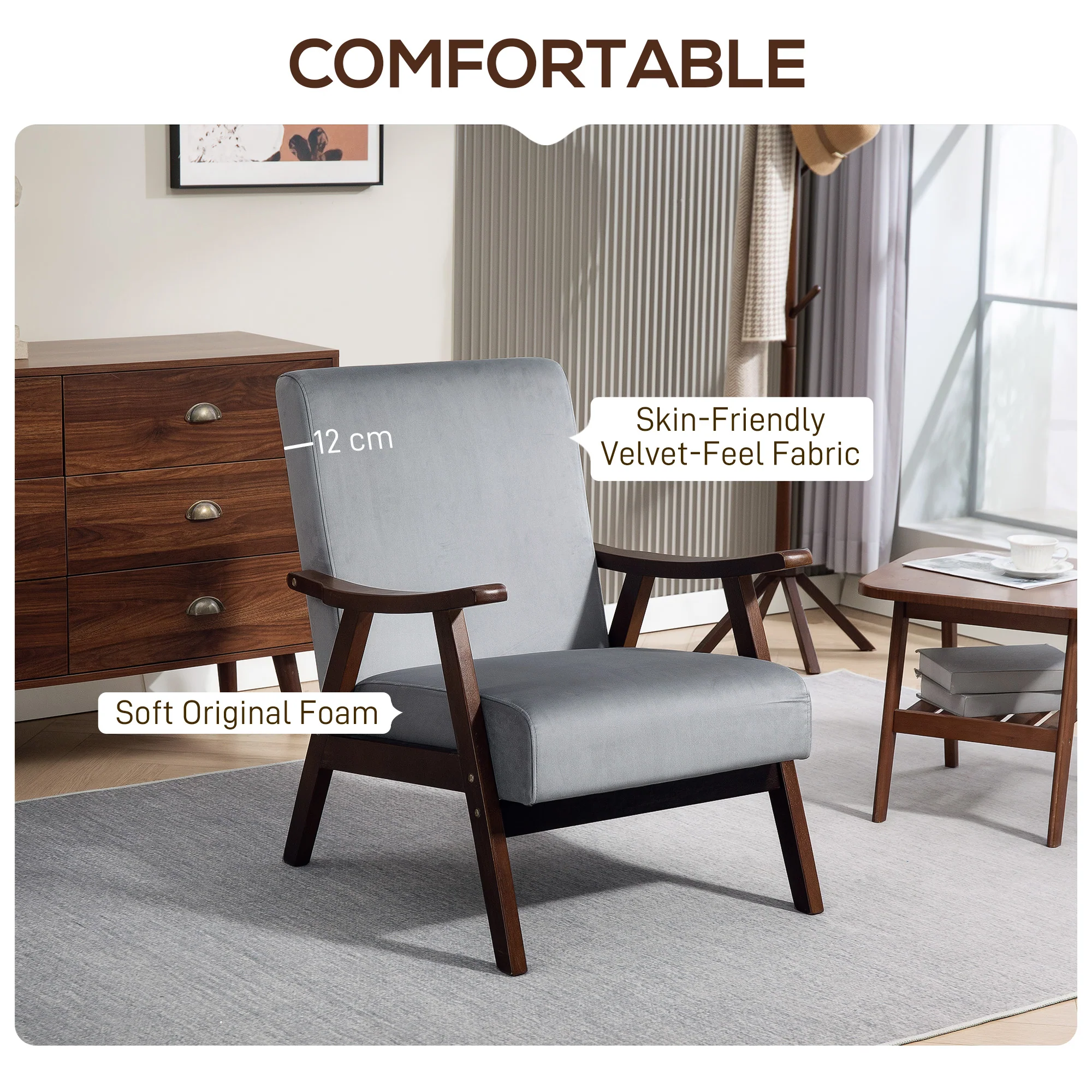 HOMCOM Velvet Armchair With Solid Wood Frame And Thick Padded - Image 3