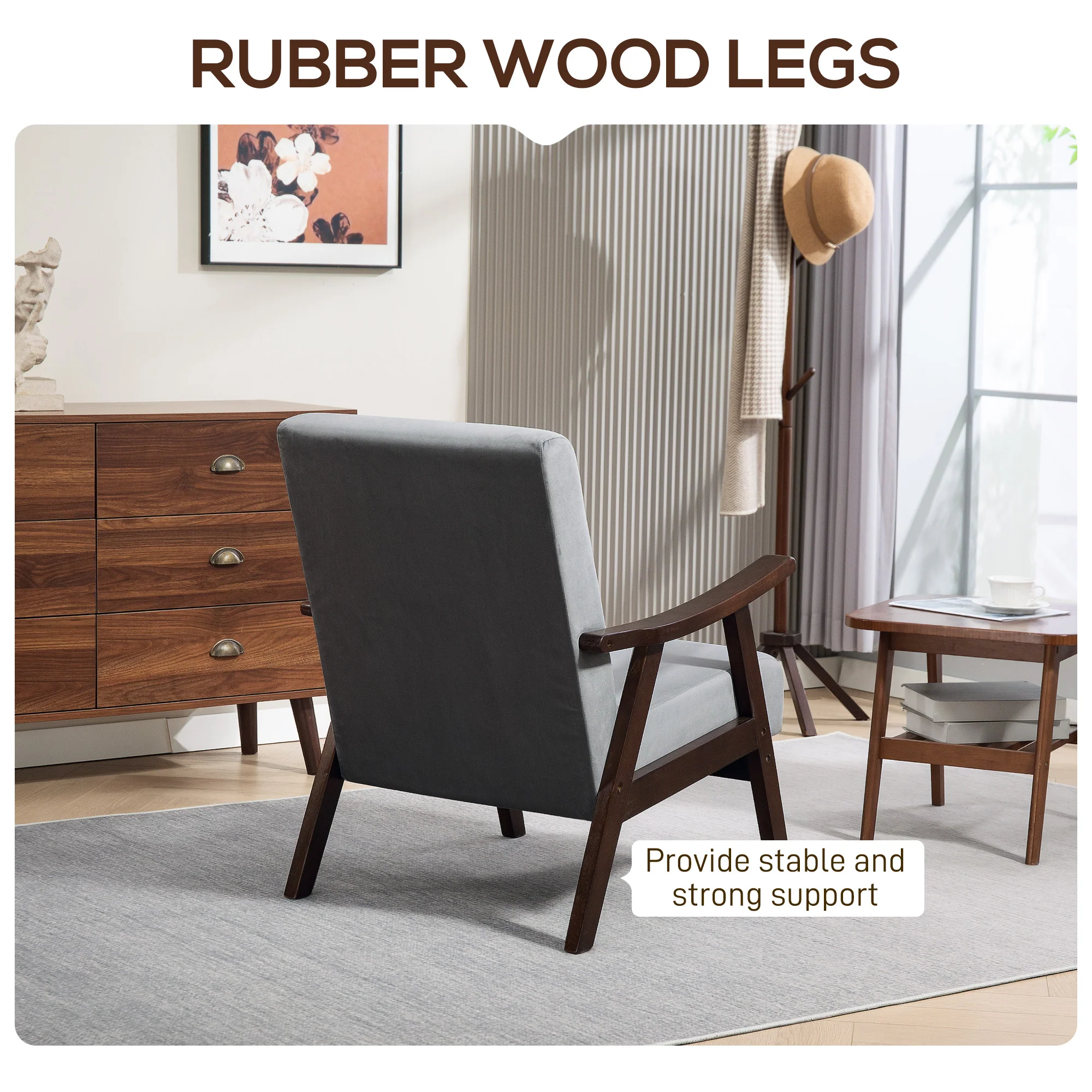 HOMCOM Velvet Armchair With Solid Wood Frame And Thick Padded - Image 4