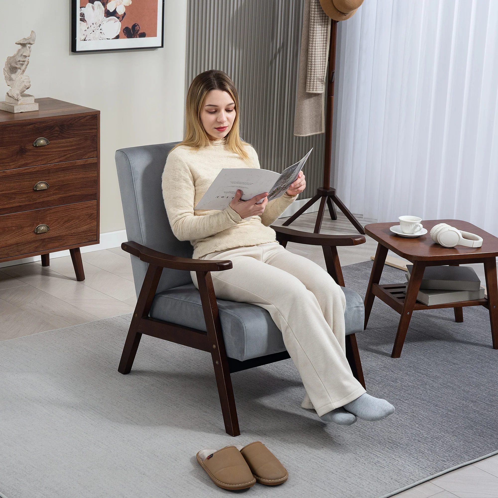 HOMCOM Velvet Armchair With Solid Wood Frame And Thick Padded - Image 6
