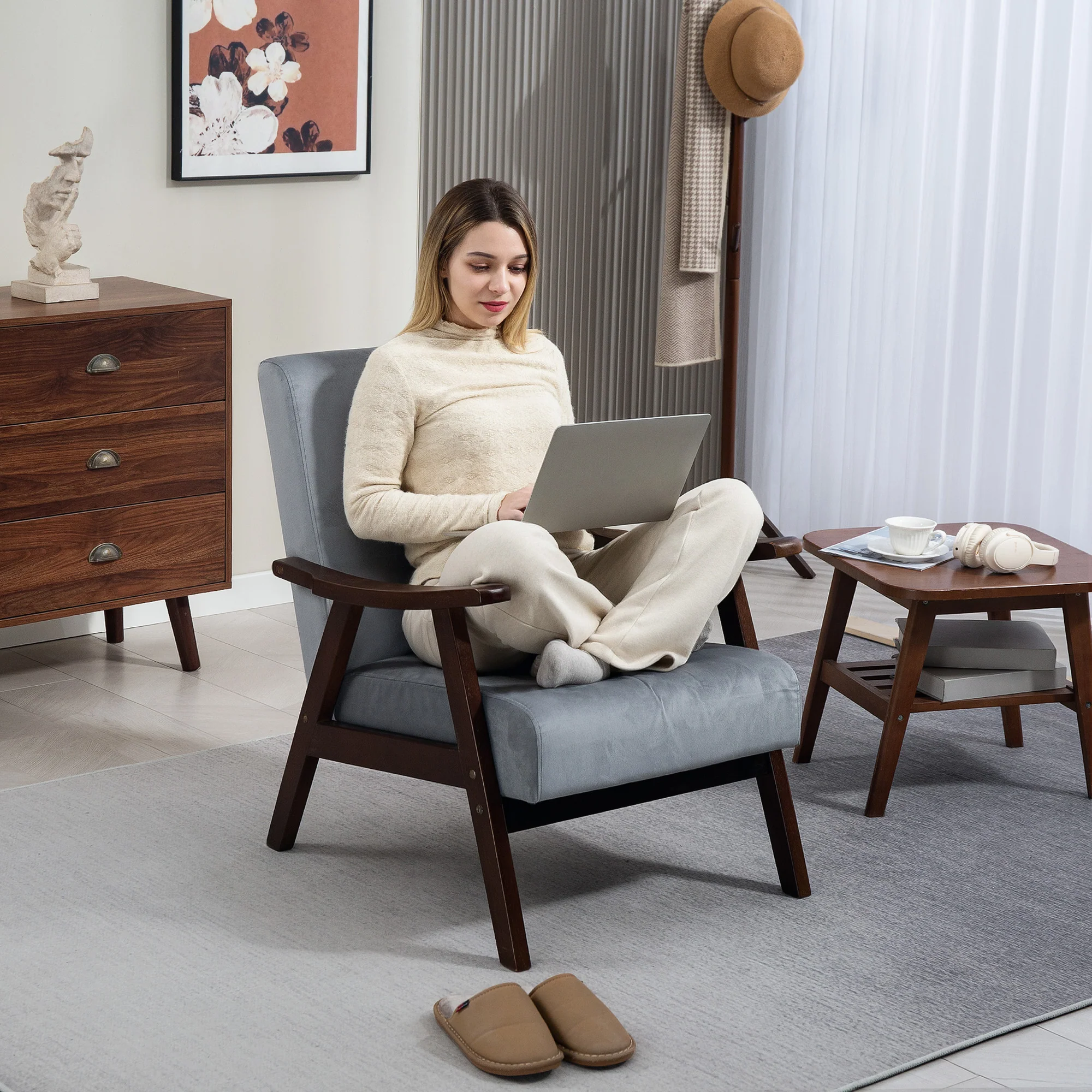 HOMCOM Velvet Armchair With Solid Wood Frame And Thick Padded - Image 7