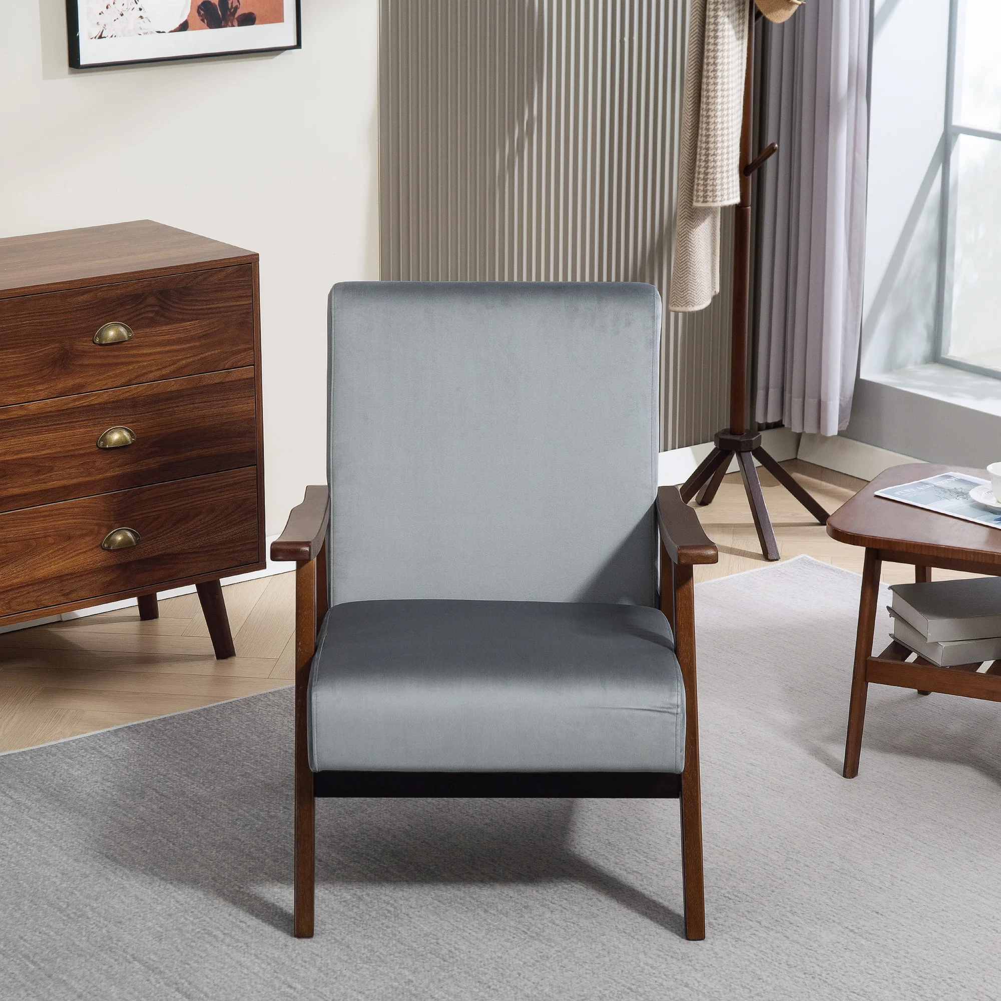 HOMCOM Velvet Armchair With Solid Wood Frame And Thick Padded - Image 8
