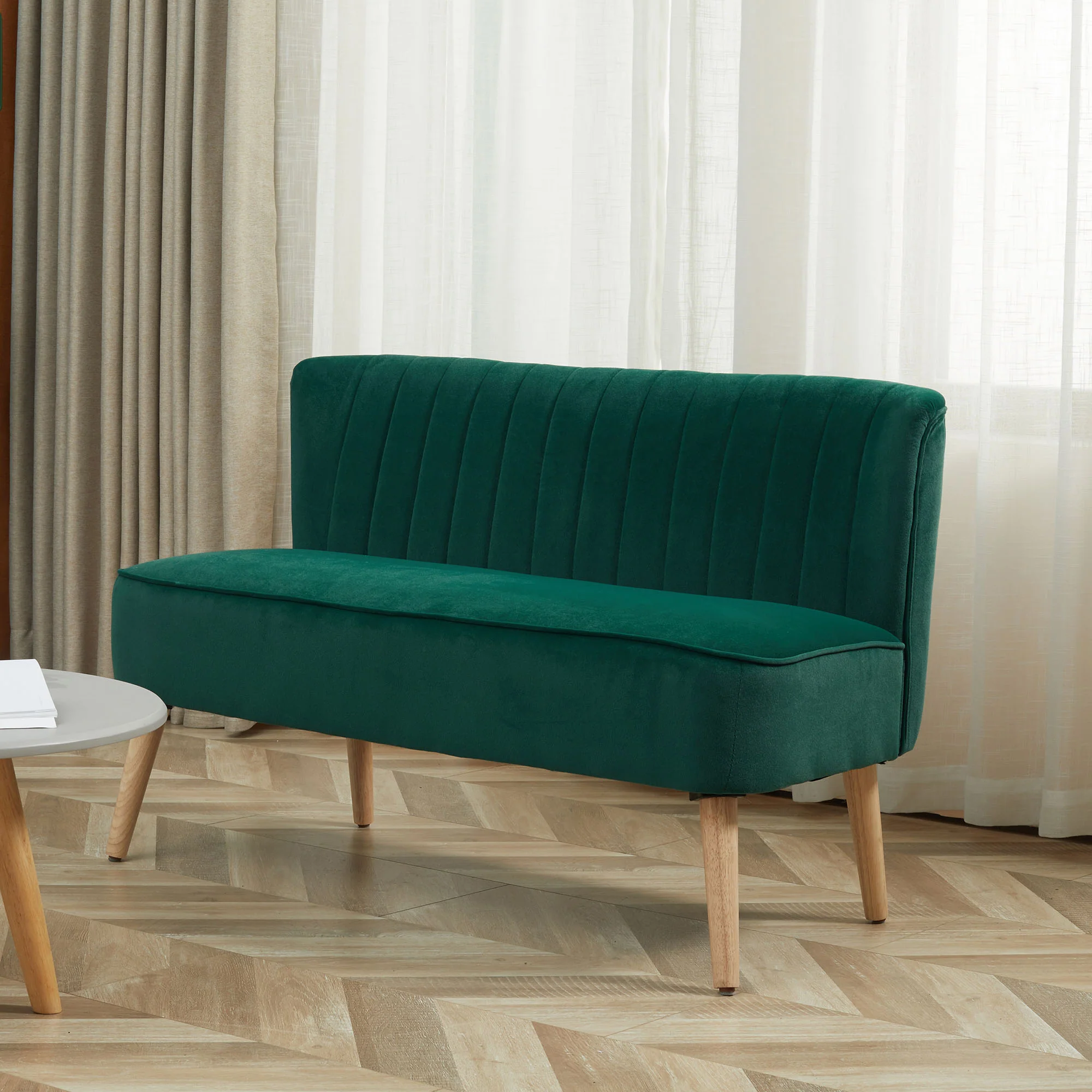 HOMCOM Velvet-Feel Double Sofa w/ Wood Frame Foam Padding High Back, Green - Image 2
